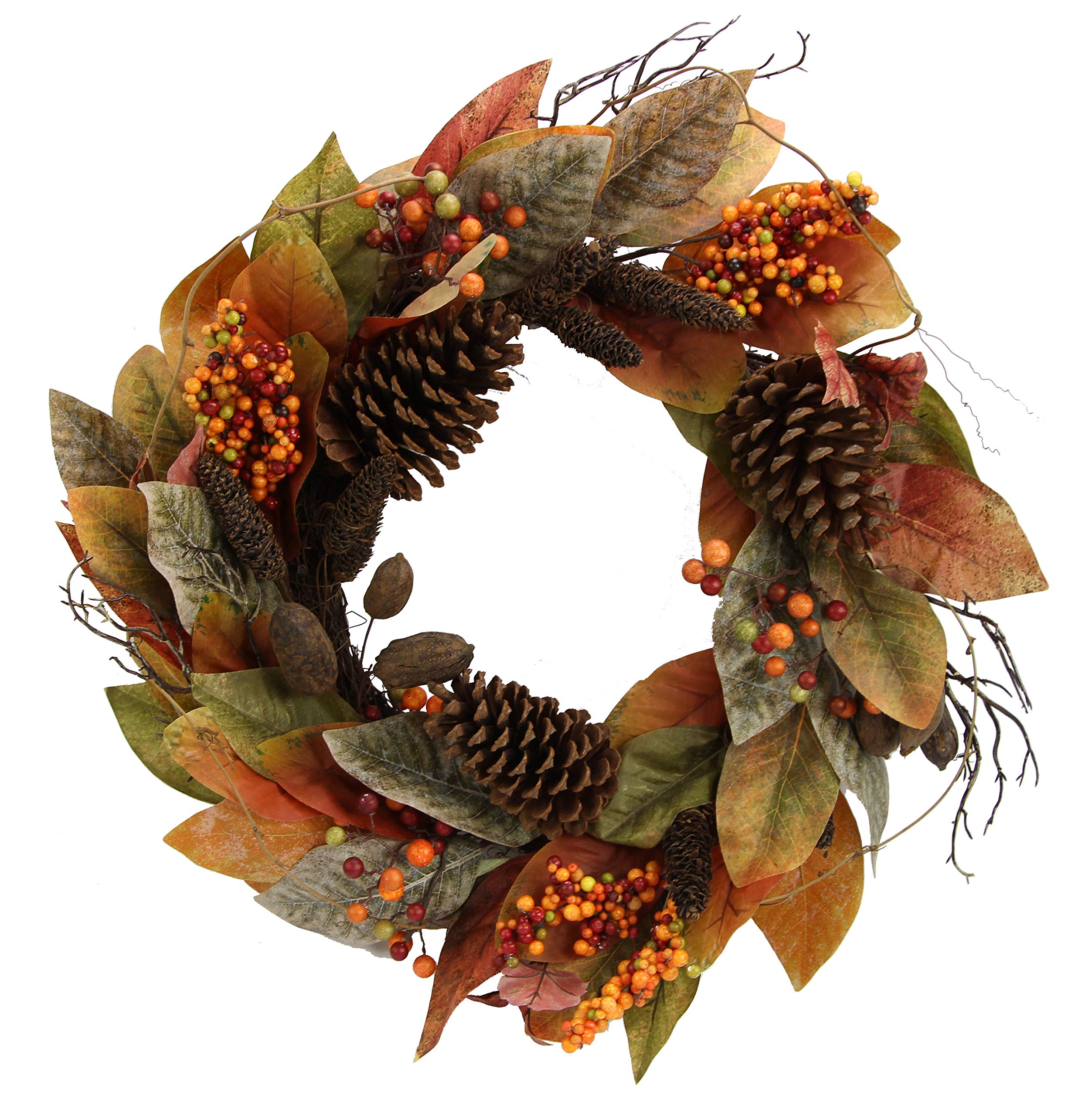 Admired By Nature 24 Inch Artificial Fall Magnolia Leaf Vine Berry Wreath Autumn Leaves For Wall Fornt Door Home Office Farmhous