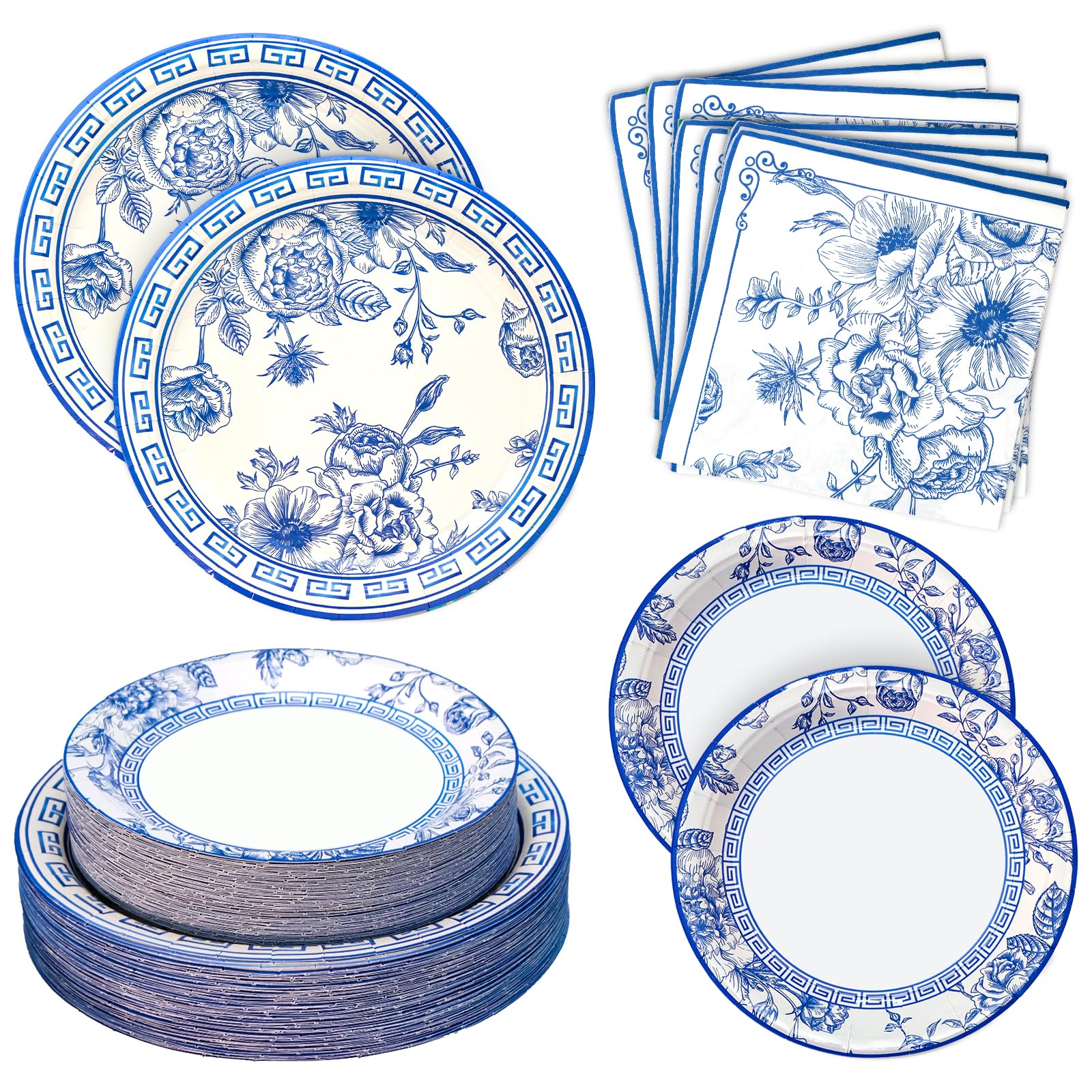180PCS Blue White Floral Party Supplies Serve 60, Blue Flower Party Paper Plates and Napkins Kit for Bridal Baby Shower Wedding 