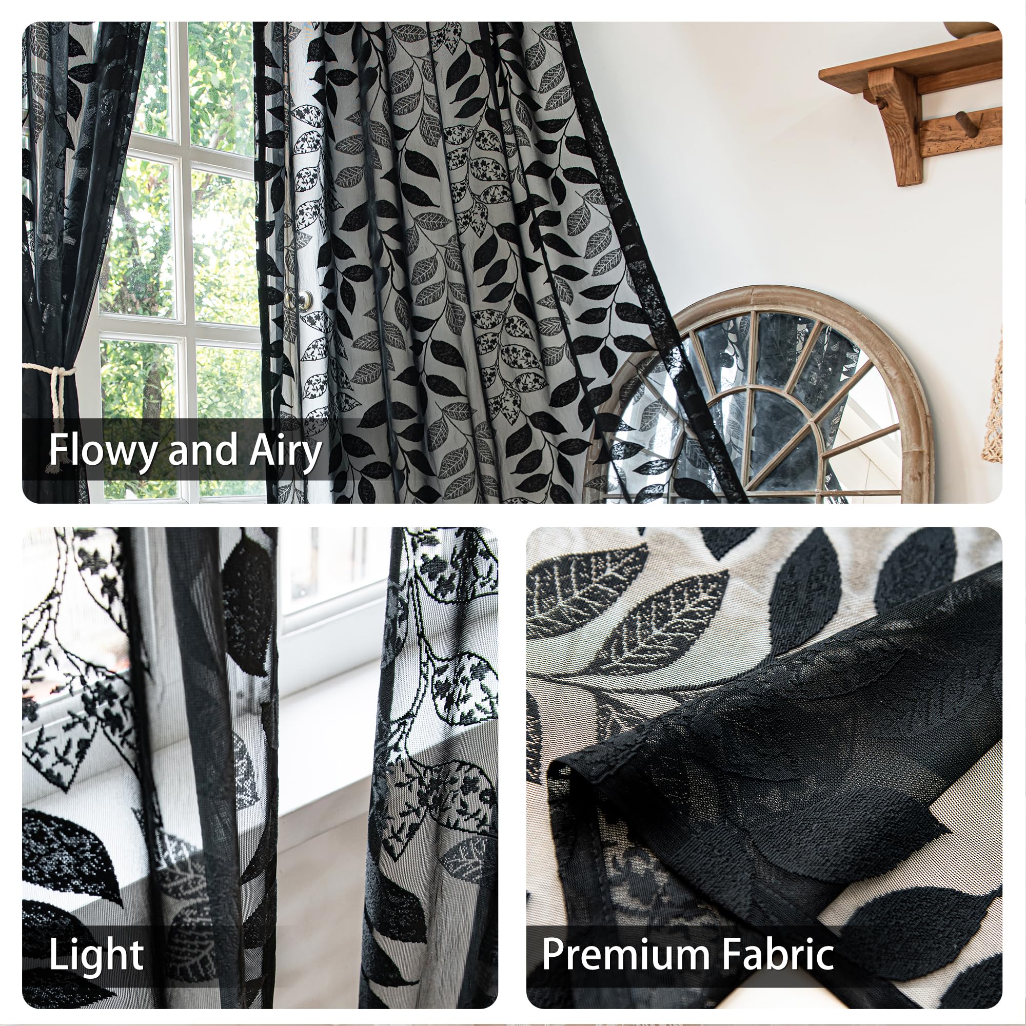 Treatmentex Lace Black Sheer Curtains For Bedroom Living Room Studio 84Inch Long Elegant Leaf Embroidered Semi Sheer Curtain Pan