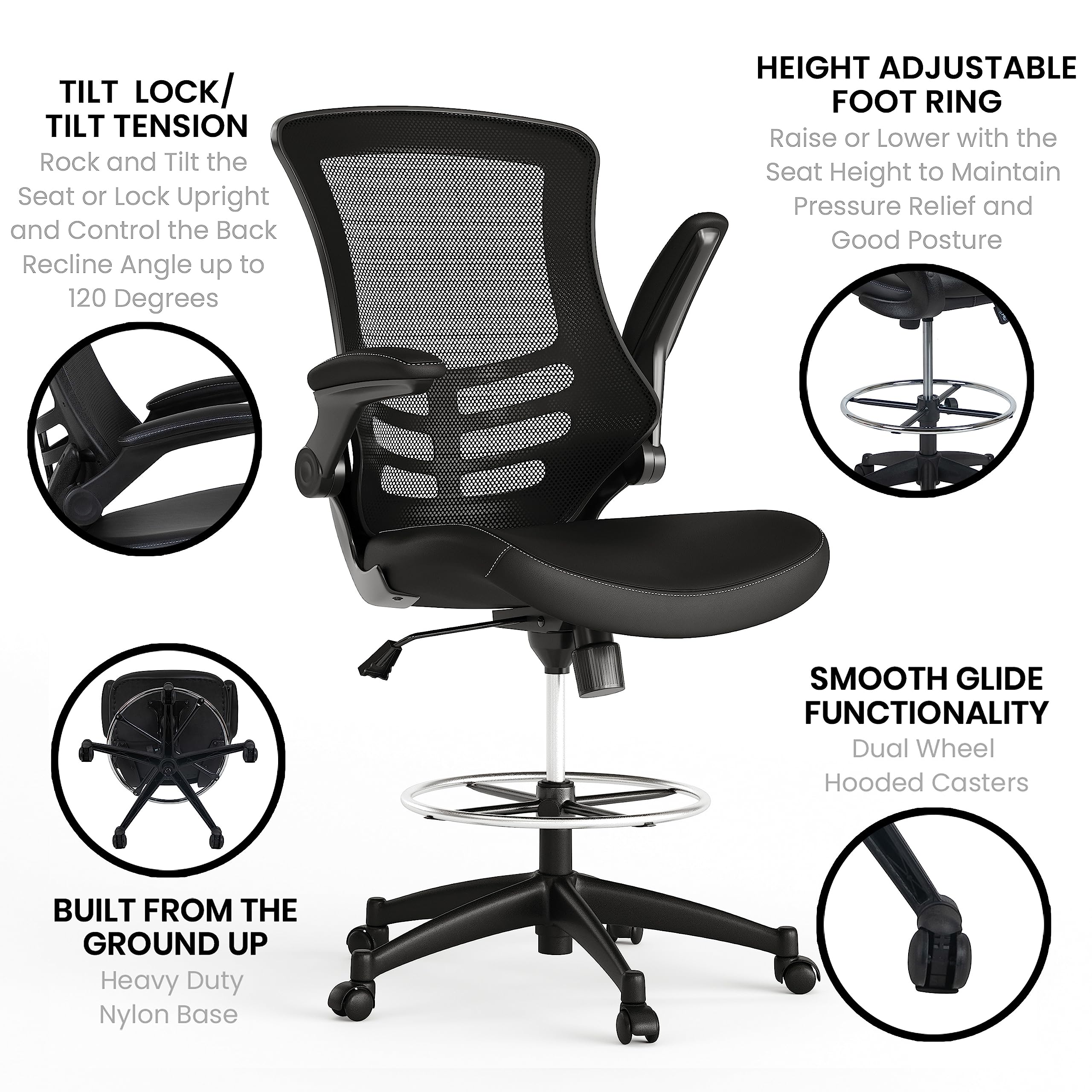 Flash Furniture Kelista Mid-Back Swivel Office Chair with Adjustable LeatherSoft Seat Height, Ergonomic Mesh Chair with Flip-Up Arms, Black