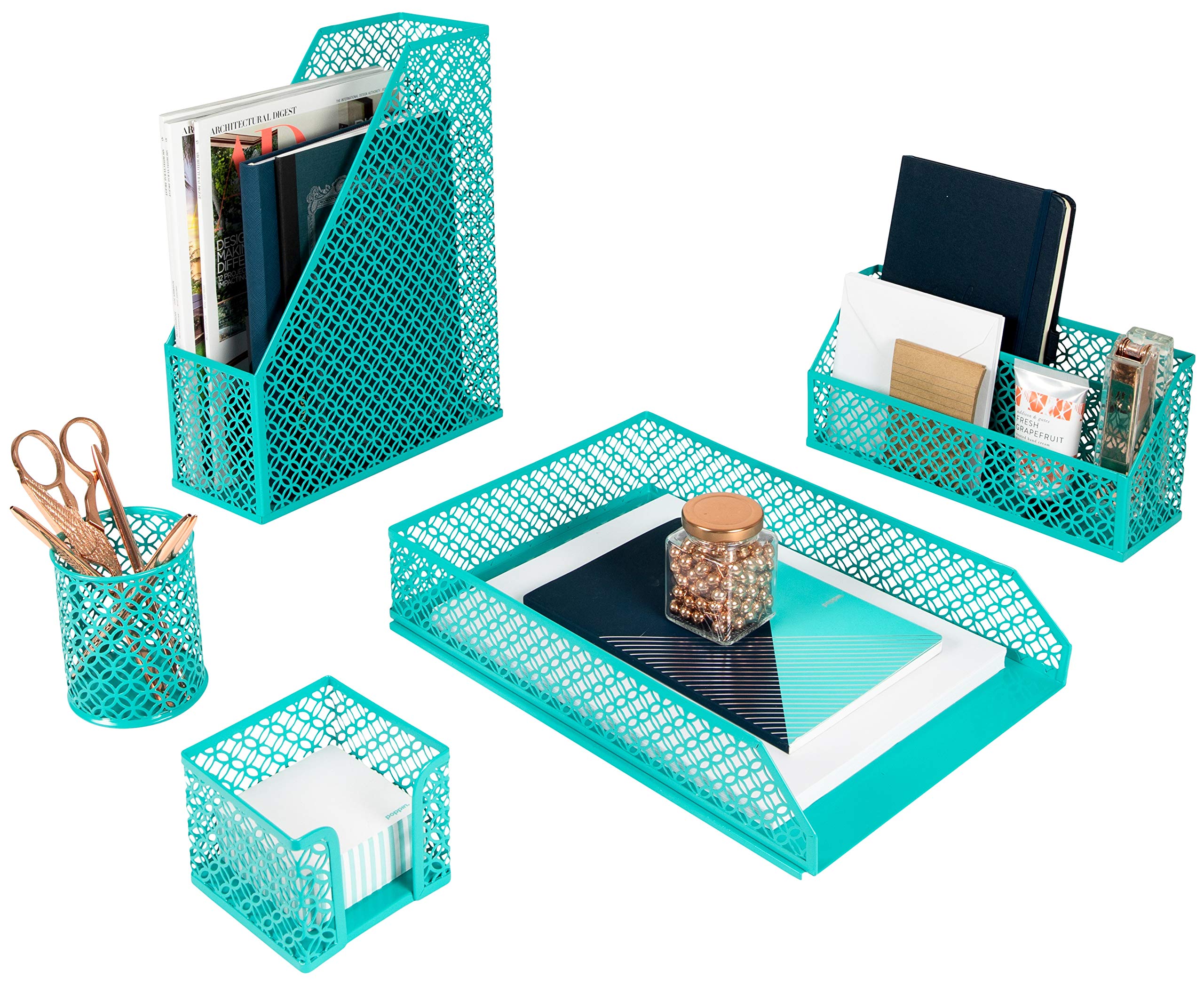 Blu Monaco 5 Piece Dark Teal Desk Organizer Set - Desk Organizers And Accessories For Women - Teal Desk Accessories - Desktop Or