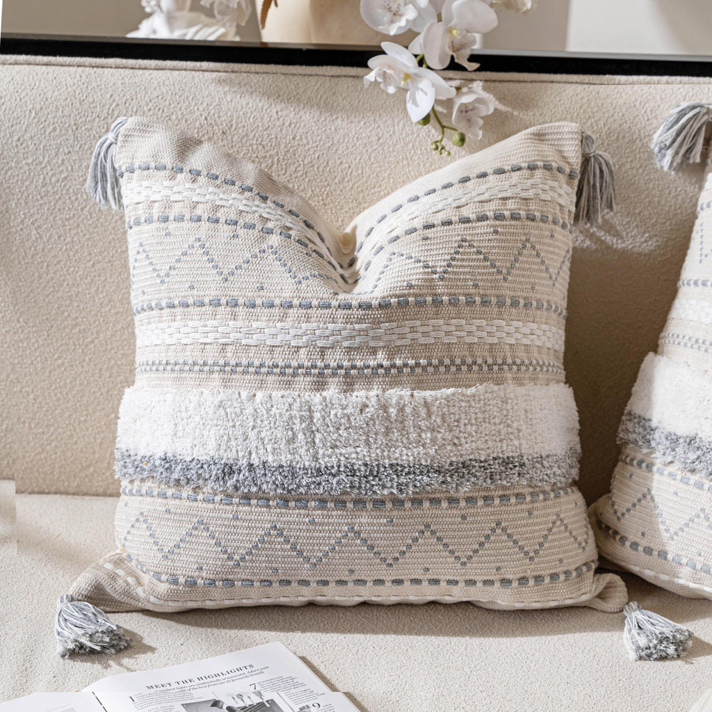 Blissblush Gray Decorative Throw Pillow Cover 20X20 Combo Set Of 2 Square Boho Neutral Grey Accent Pillowcase Tassels Farmhouse