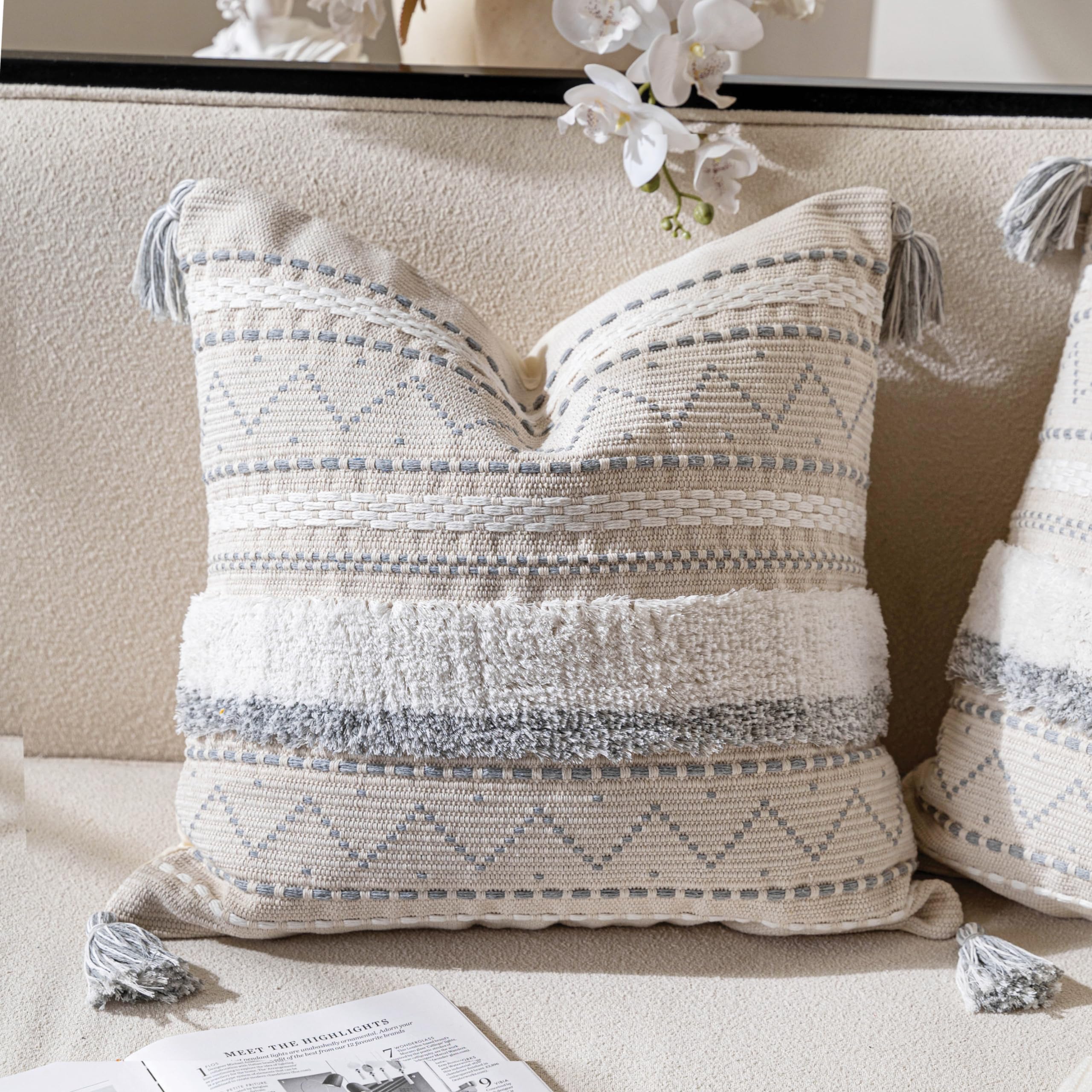 Blissblush Gray Decorative Throw Pillow Cover 20X20 Combo Set Of 2 Square Boho Neutral Grey Accent Pillowcase Tassels Farmhouse