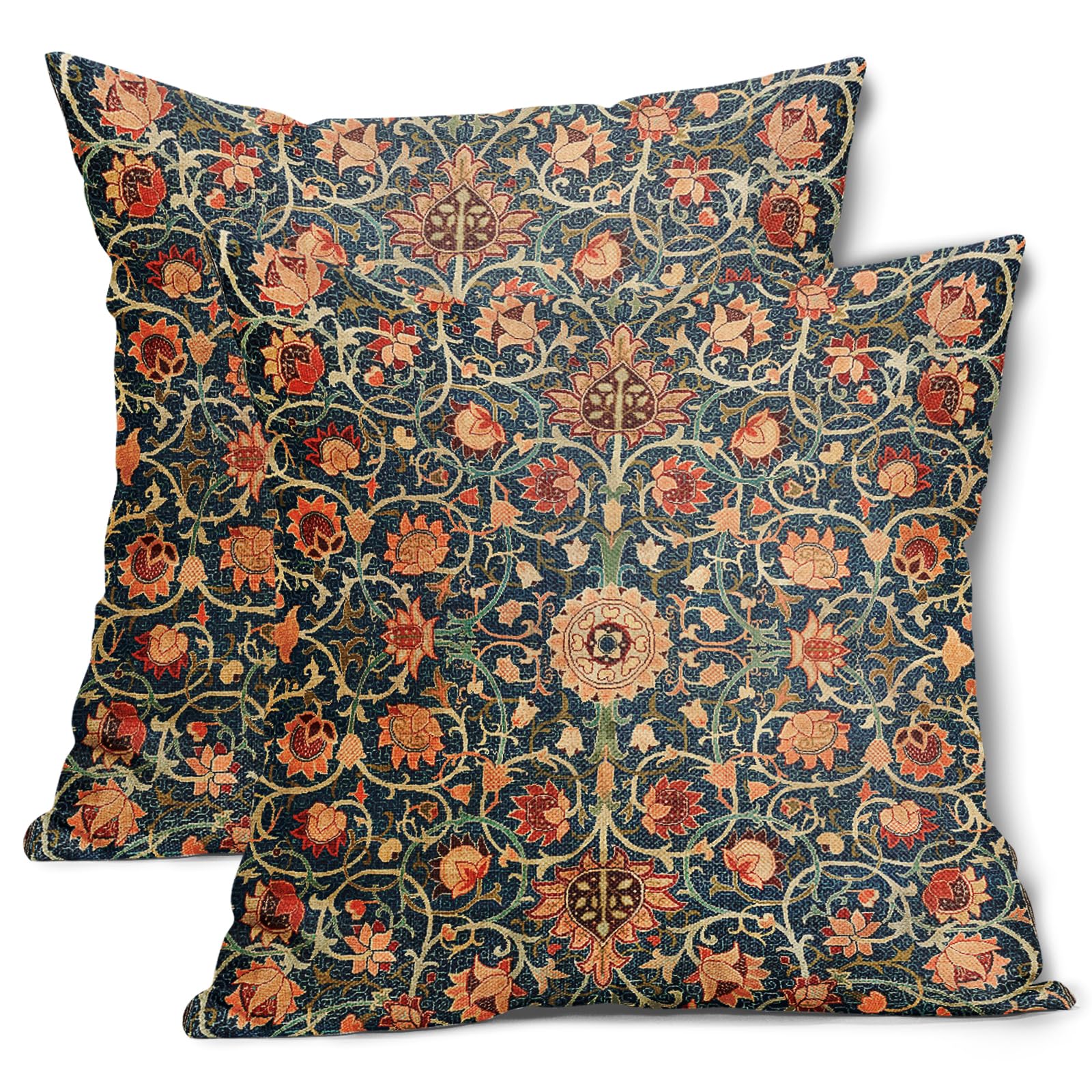 Vintage Floral Pillow Covers 18X18 Inch Set Of 2 Burnt Orange Flowers Botanical Decorative Square Pillow Cases Navy Blue Art Cus