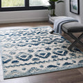 Modway Reflect Distressed Contemporary Abstract Diamond Moroccan Trellis 5X8 Indoor And Outdoor Area Rug, 5 Ft X 8 Ft, Takara/Ivory And Blue