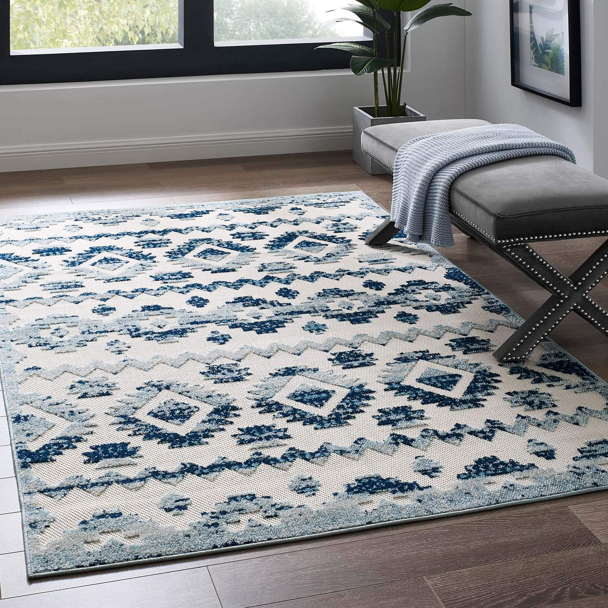 Modway Reflect Distressed Contemporary Abstract Diamond Moroccan Trellis 5X8 Indoor And Outdoor Area Rug, 5 Ft X 8 Ft, Takara/Ivory And Blue