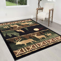 HR Lodge, Cabin Nature and Animals Area Rug- Nature Pattern Cabin Area Rug-Abstract, Black/Beige/Green/Red-Wolf/Moon/Deer