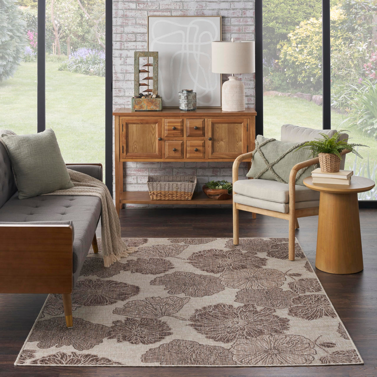 Nourison Garden Oasis Indoor/Outdoor Natural 6' X 9' Area Rug, Easy Cleaning, Non Shedding, Bed Room, Living Room, Dining Room,