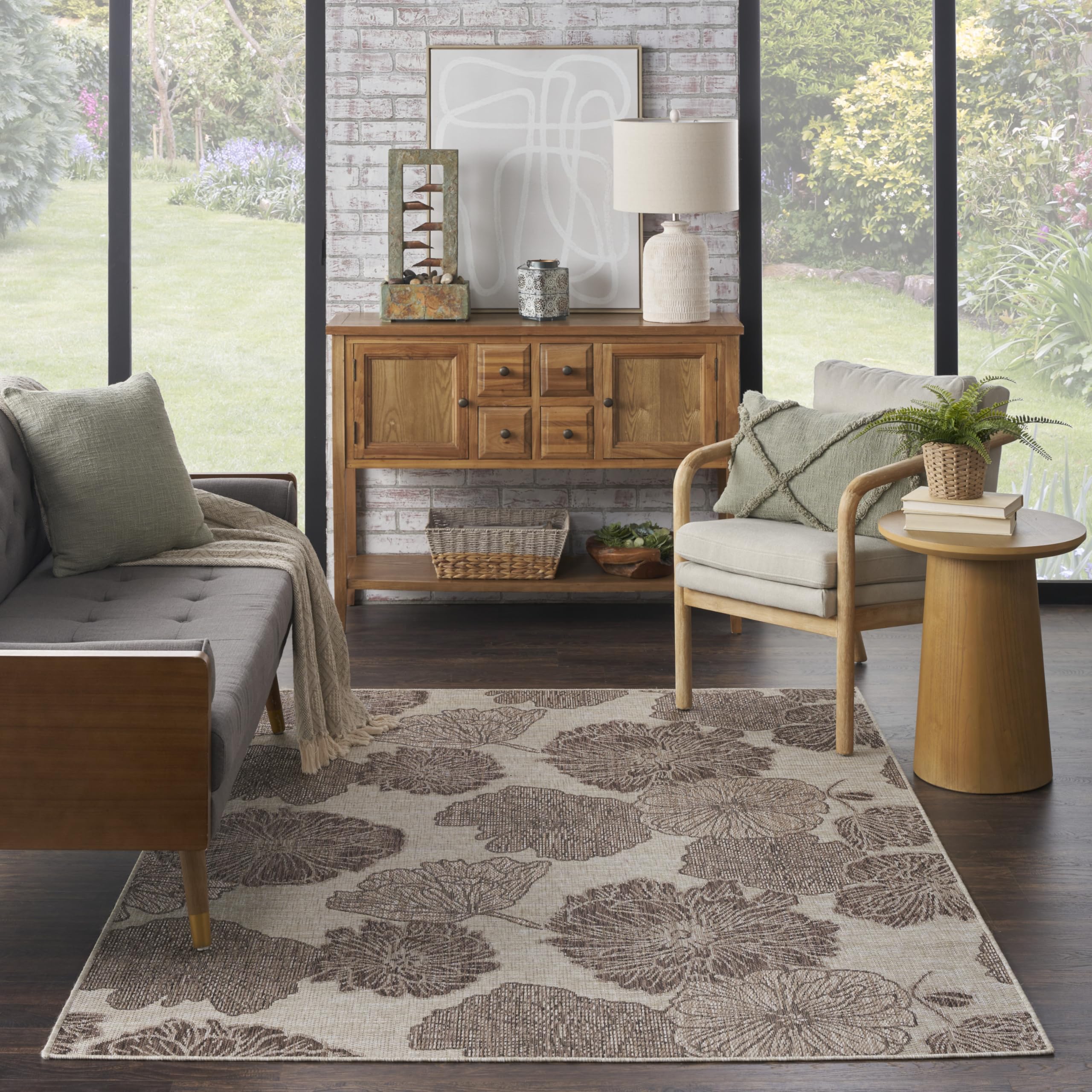 Nourison Garden Oasis Indoor/Outdoor Natural 6' X 9' Area Rug, Easy Cleaning, Non Shedding, Bed Room, Living Room, Dining Room,