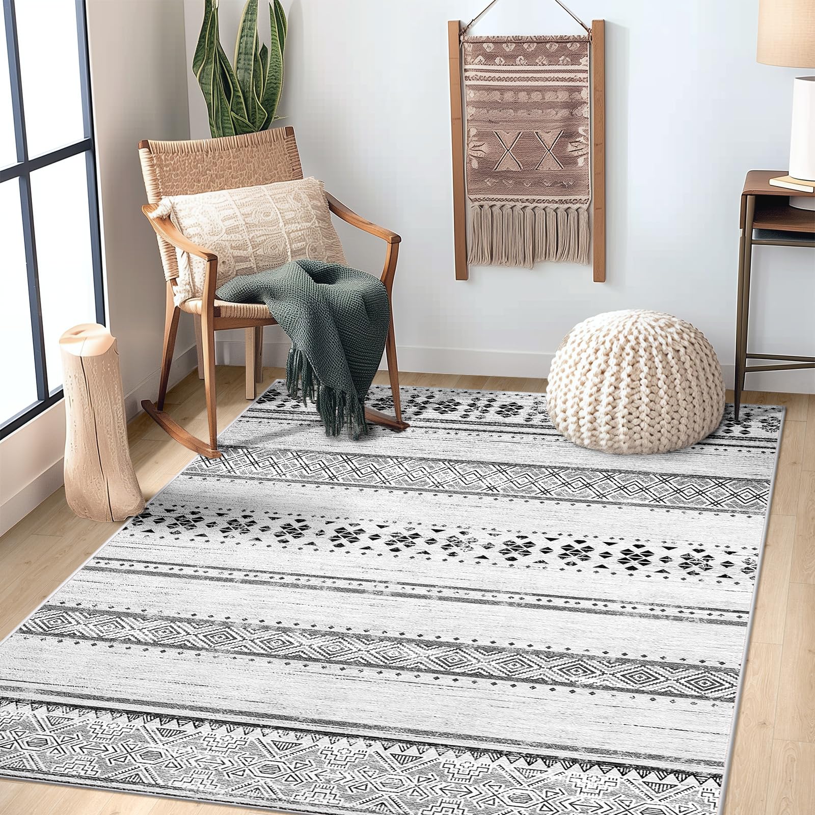 BESTSWEETIE 4x6 Area Rugs for Living Room Washable Moroccan Farmhouse Neutral Geometric Low Pile Non-Slip Soft Print Pattern Rug