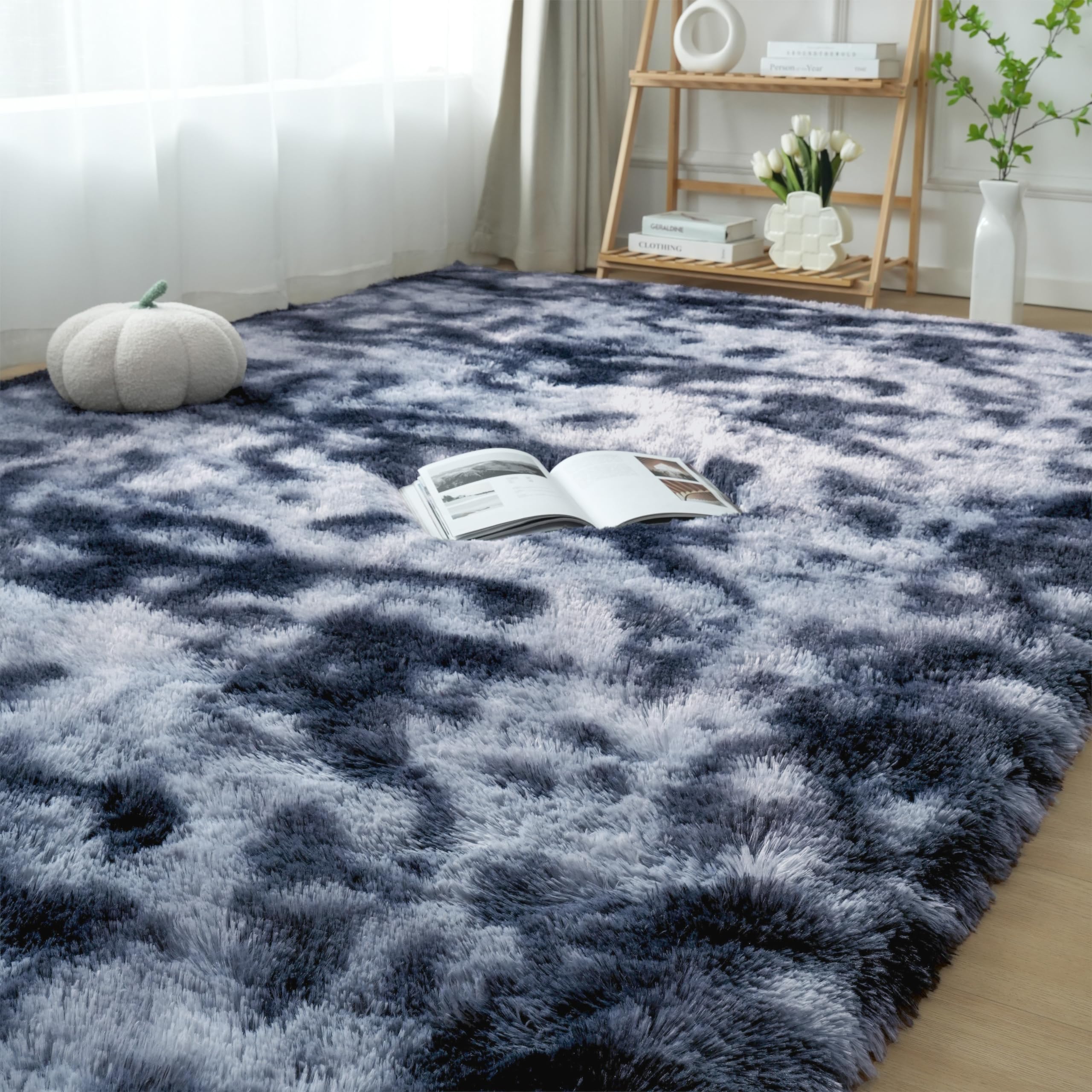 Fluffy Area Rug Living Room: Grey Shag Rug 6x9 Plush Rugs for Living Room - Large Fuzzy Soft Carpet (Tie-Dyed Dark Gray, 6x9 Fee