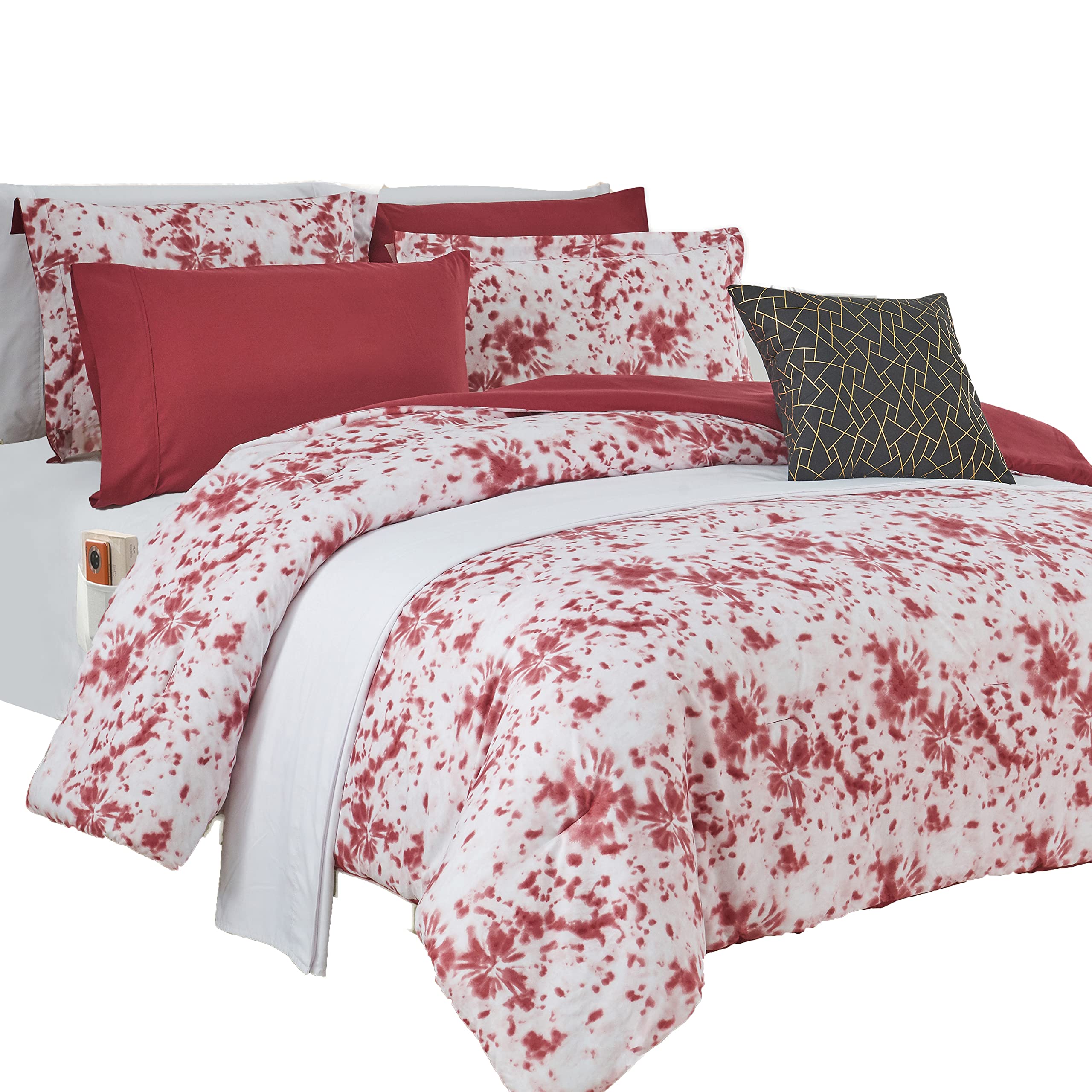 Elegant Comfort Reversible 10-Piece Comforter Set, Tie-Dye Print, Decorative Pillow and Fitted Sheet with Smart Pockets, Soft, P