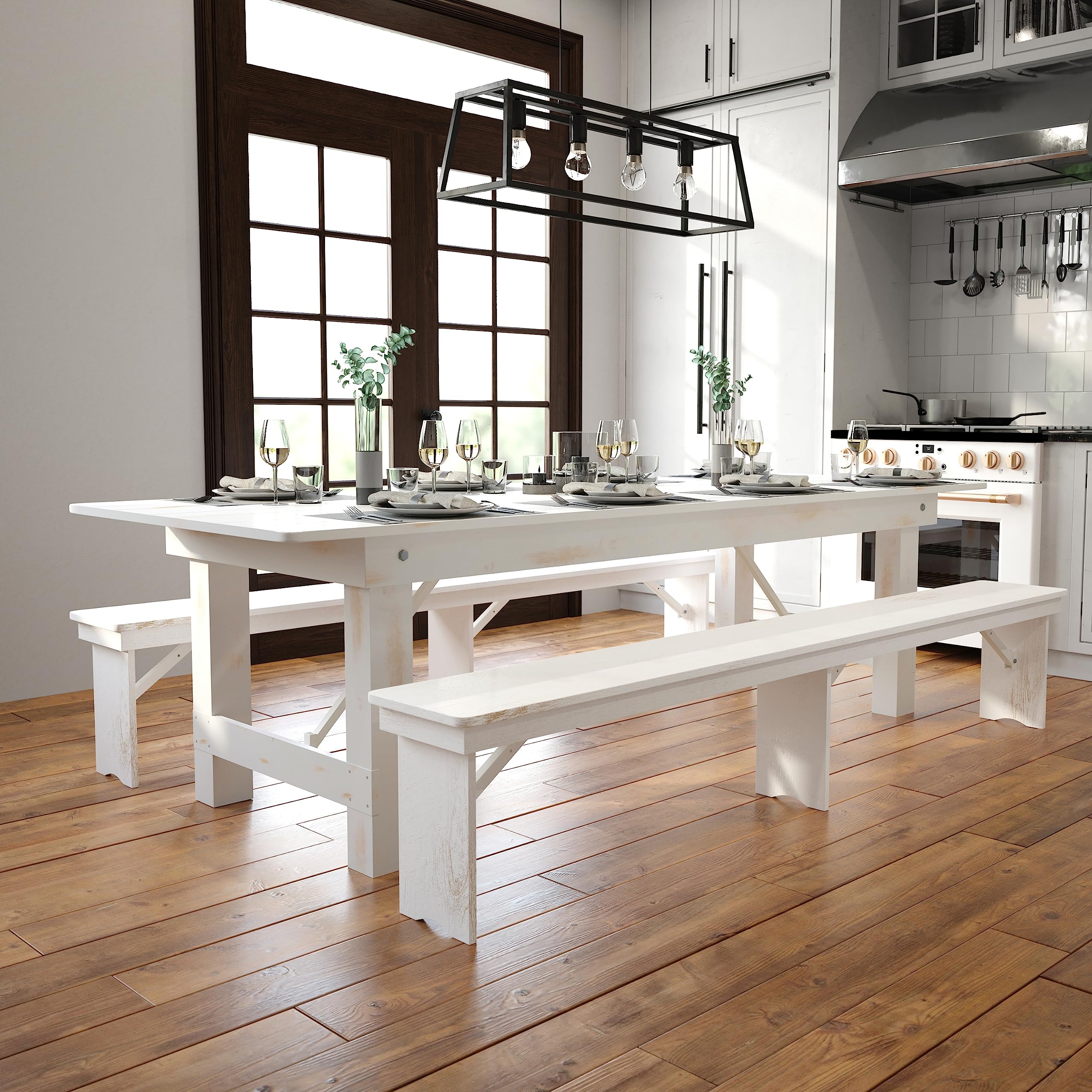Flash Furniture Hercules Commercial Grade Farmhouse Dining Table | Solid Pine Foldable Table For 10 In Antique Rustic White | Rustic Charm For Home And Events