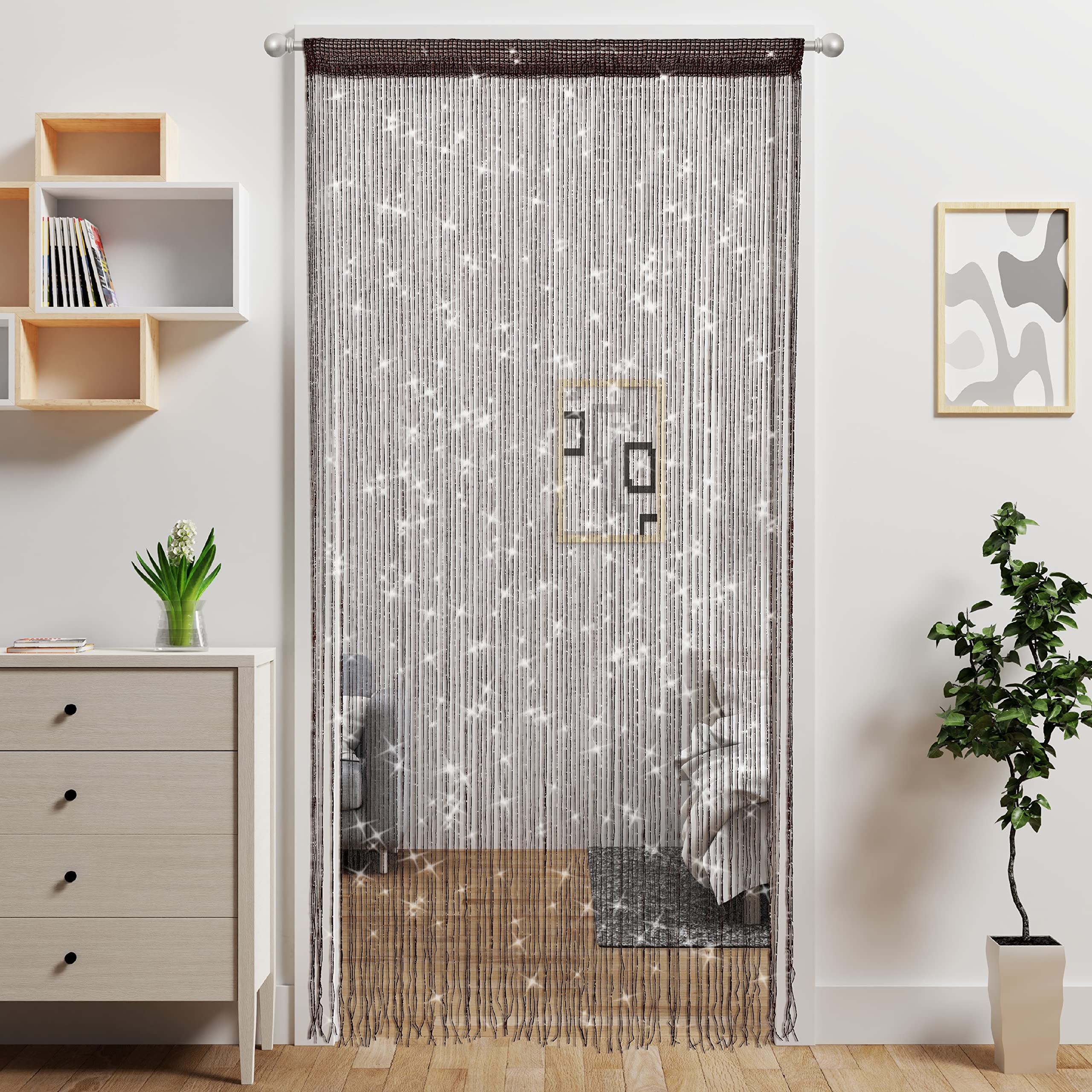 Atsweetlife Door String Curtain Doorway Curtains,Hanging Room Divider Beaded Decor Hippie Glitter Fringe Panel Closet Window Wal