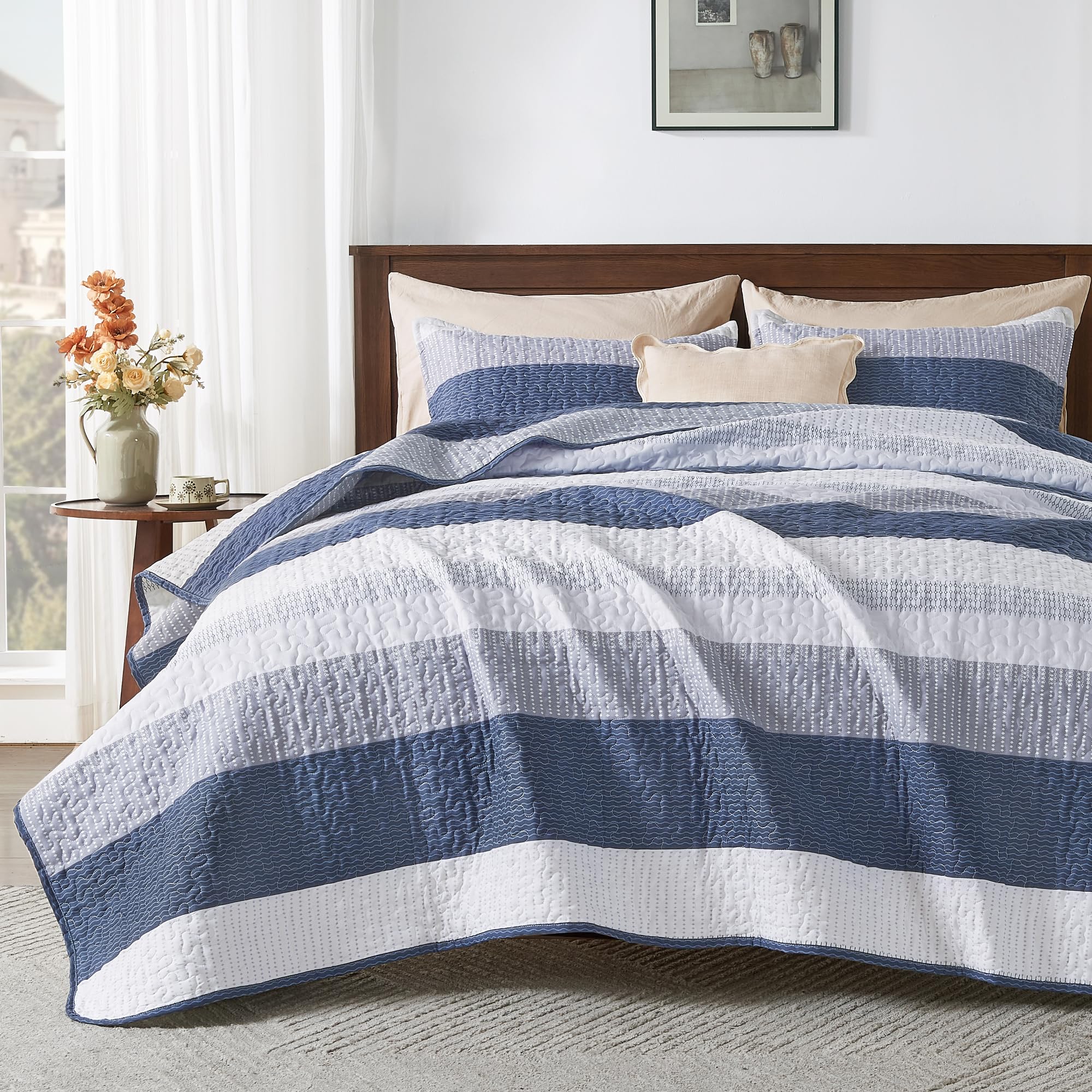 Andency King Size Quilt Set Mineral Blue, 3 Pieces Summer Ultra Soft Lightweight Bedspreads & Coverlets Set, Patchwork Striped Quilted Bedding Sets For All Seasons (1 Quilt, 2 Pillow Shams)