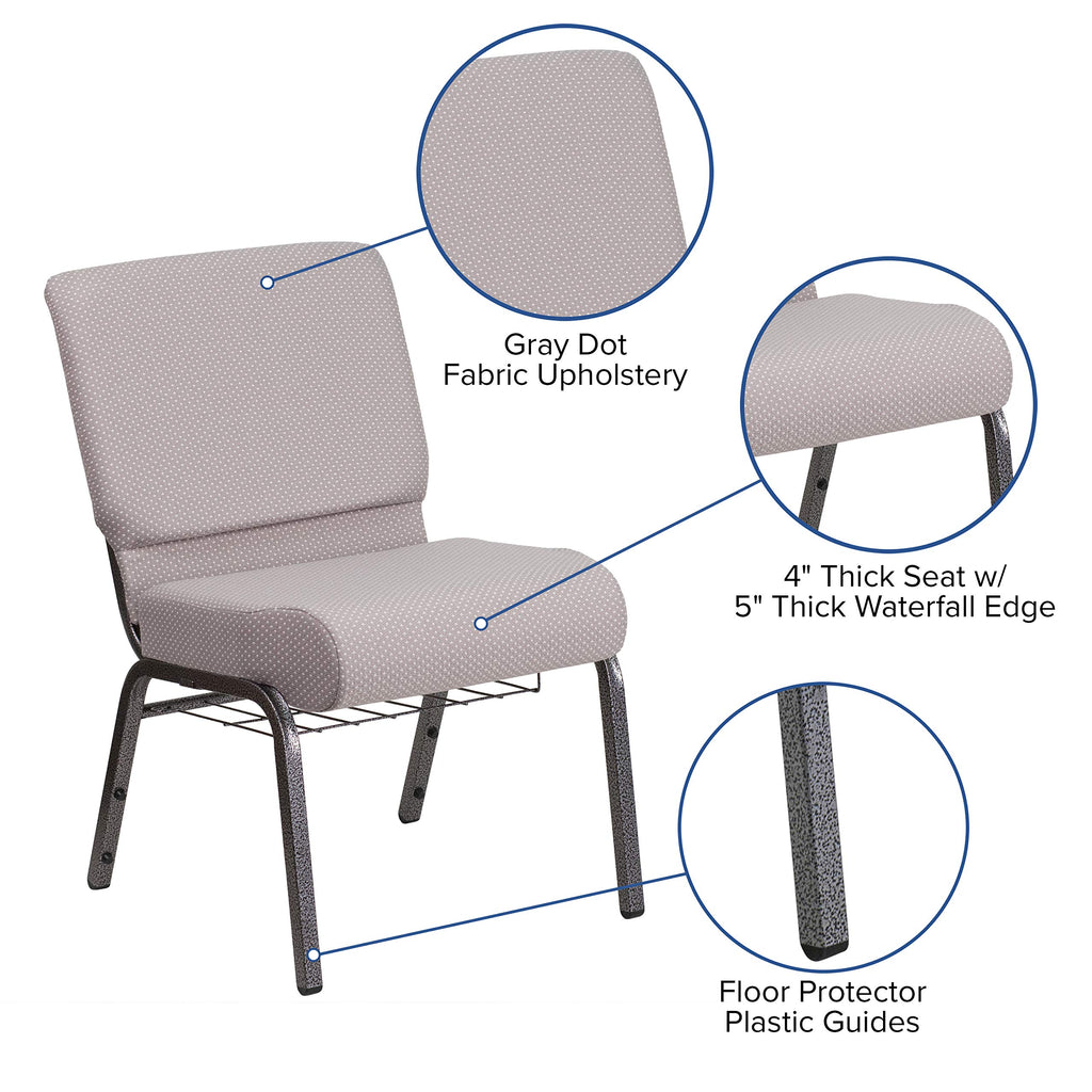 Flash Furniture Hercules Series 21''W Church Chair In Gray Dot Fabric With Book Rack - Silver Vein Frame