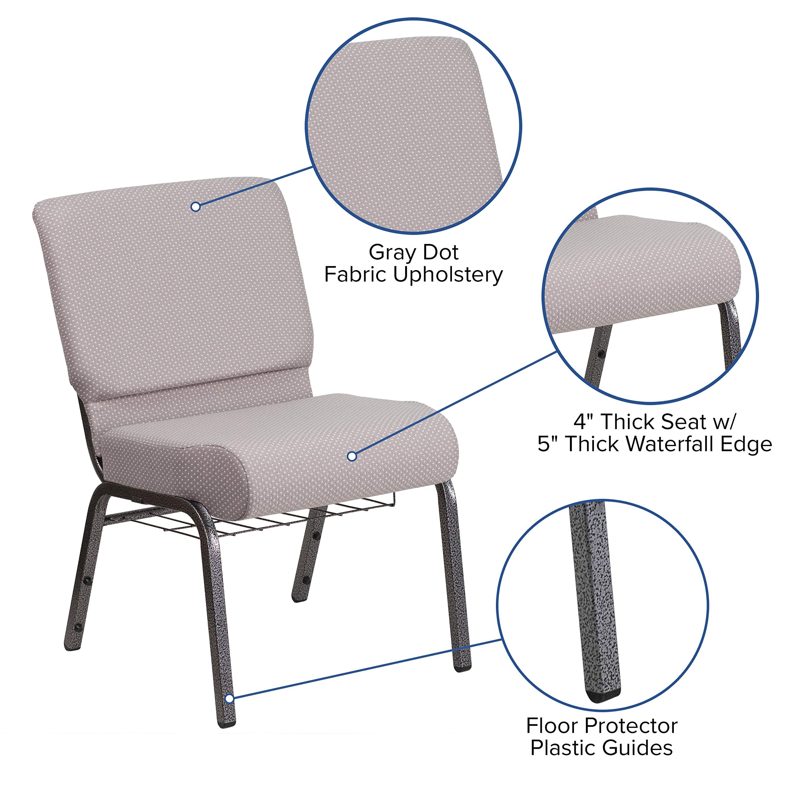 Flash Furniture Hercules Series 21''W Church Chair In Gray Dot Fabric With Book Rack - Silver Vein Frame