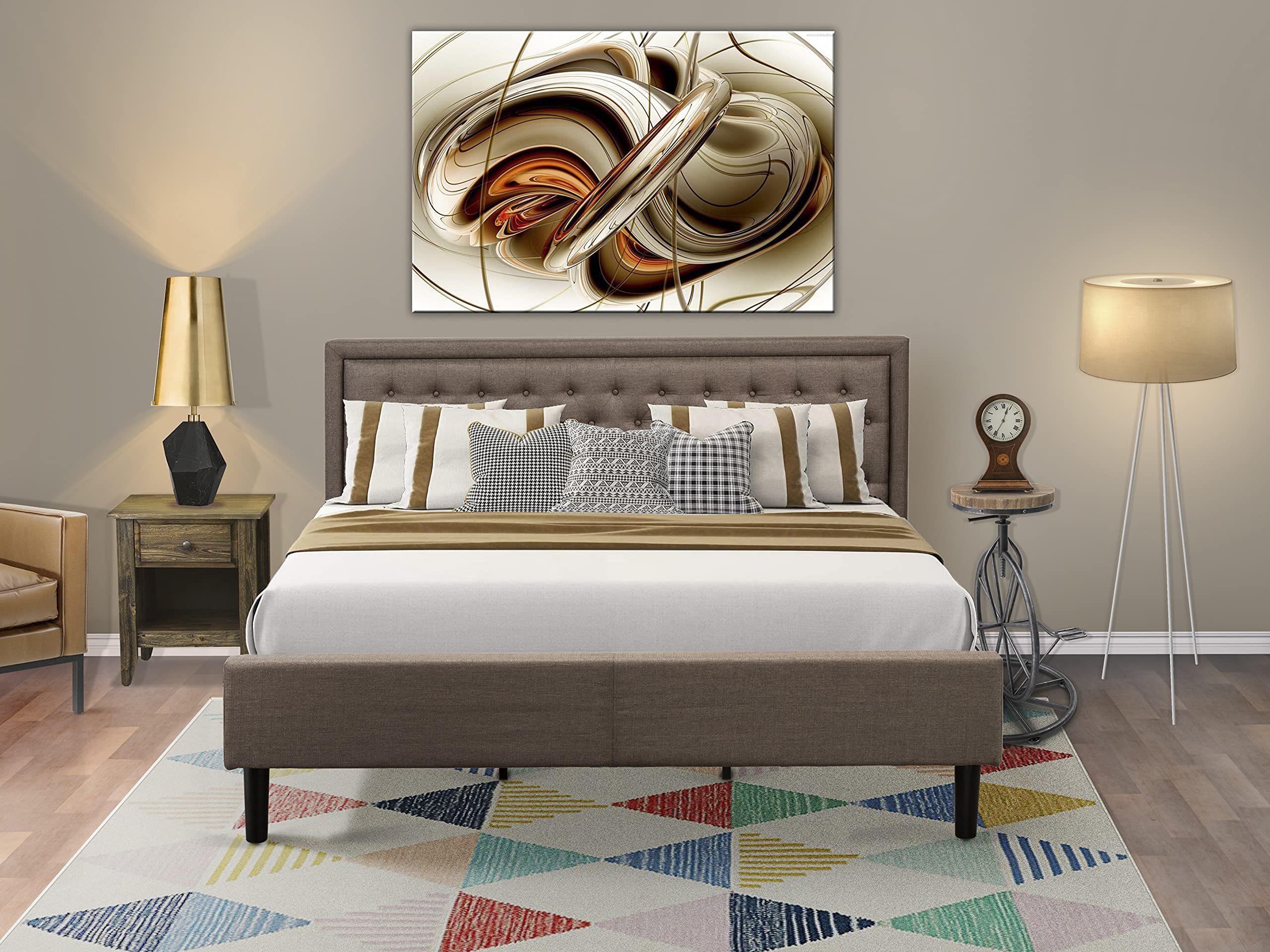 East West Furniture KD18K-1GA07 2 Piece King Bedroom Set - 1 Bed Frame Brown Linen Fabric Padded and Button Tufted Headboard with 1 Mid Century Nightstand - Distressed Jacobean Finish Nightstand