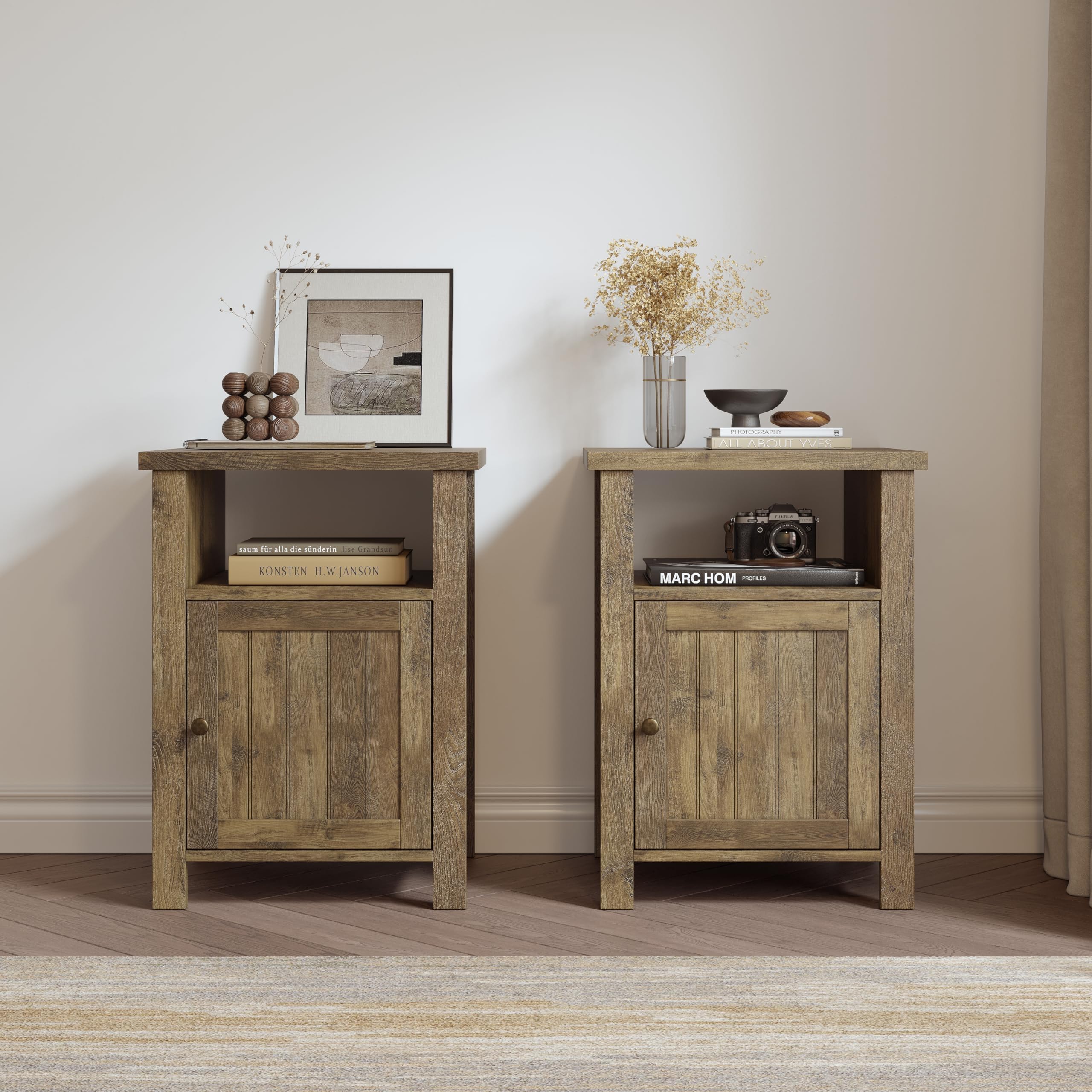 ChooChoo Farmhouse Nightstands Set of 2, Rustic Vintage End Side Table with Storage for Bedroom Living Room, Wash Gray