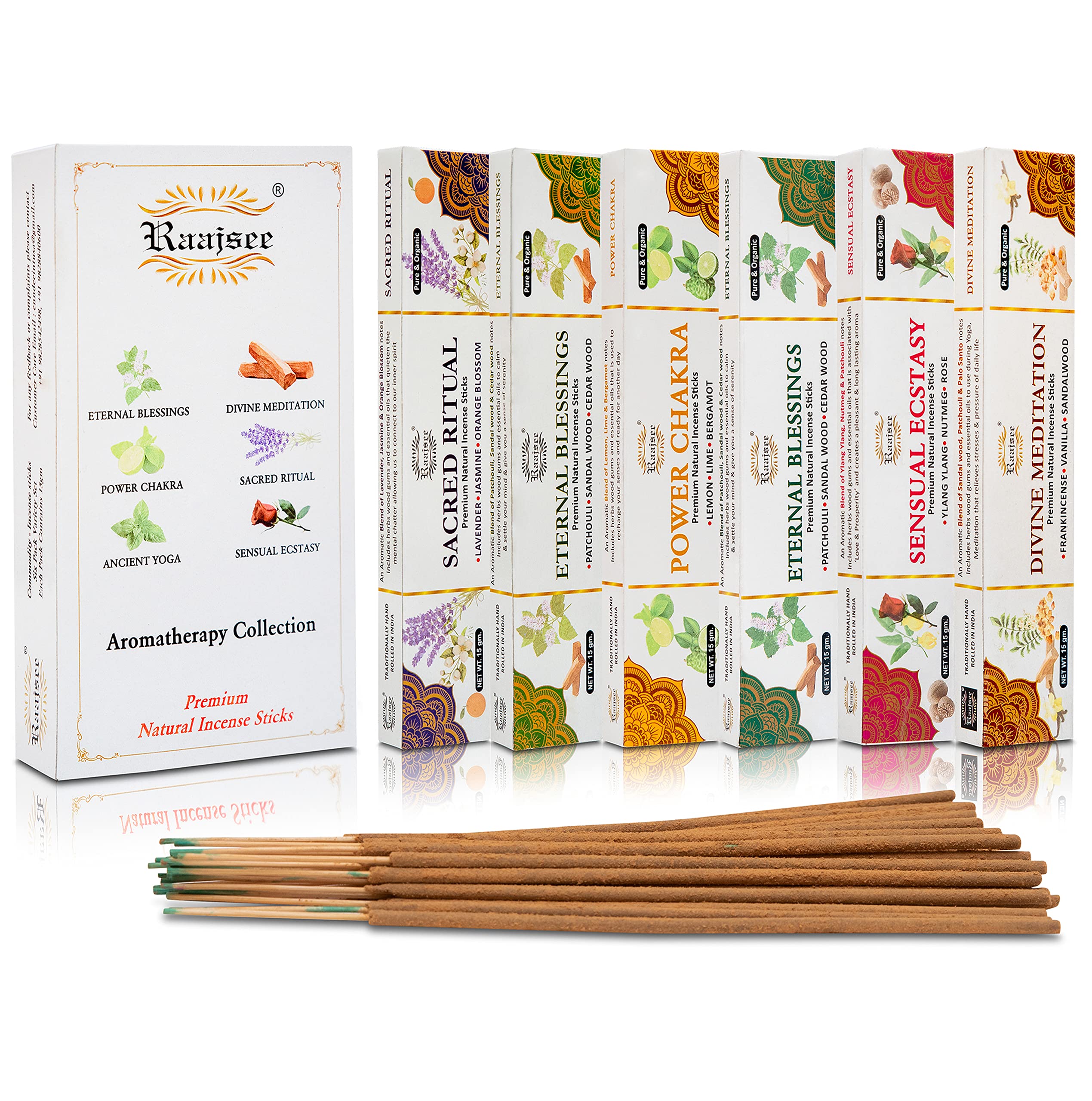 Raajsee Natural Incense Sticks,6 Pack Mixed Scents Gift Pack 15 gm Each (90 gm Total), Insense Sticks Variety Pack, 100% Organic