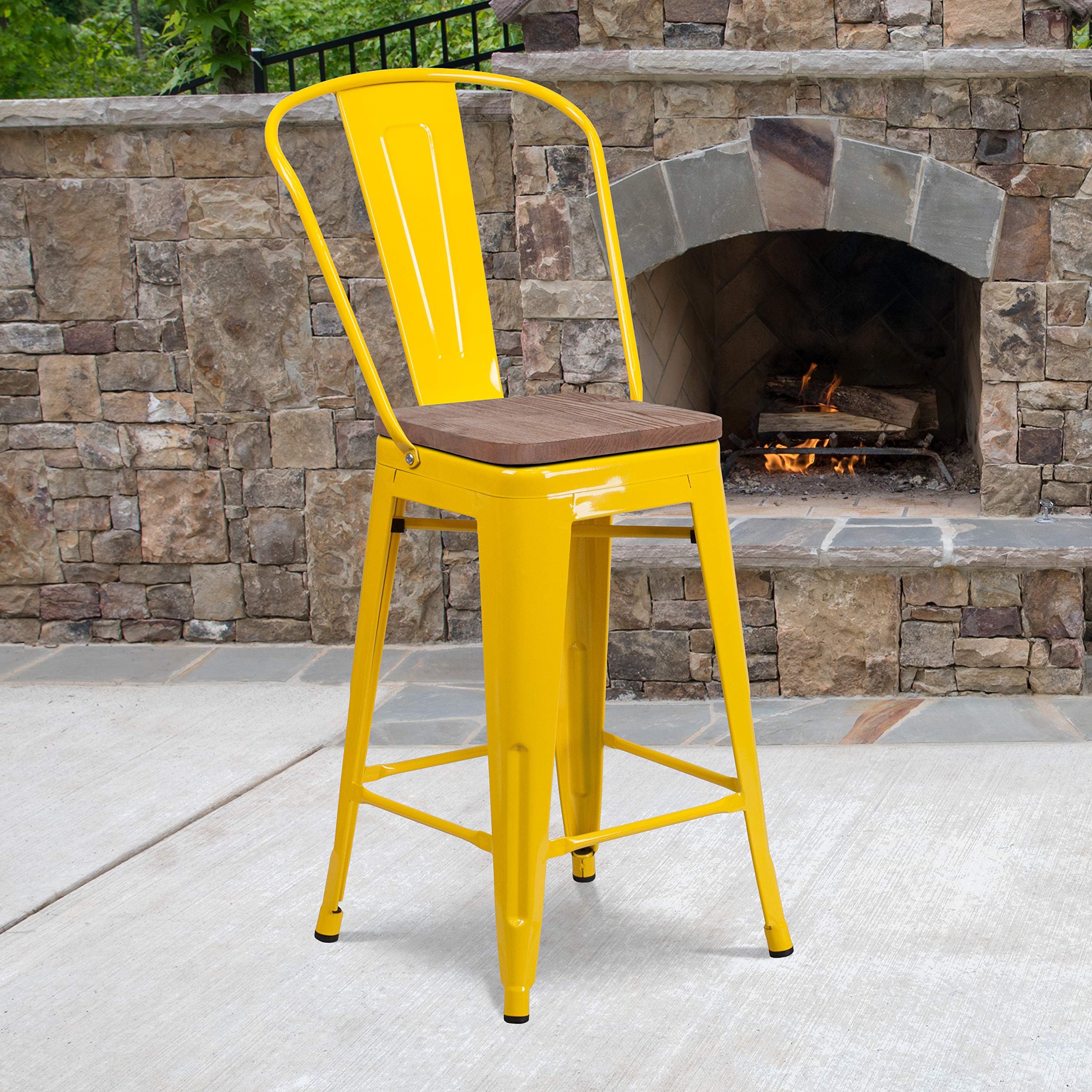 Flash Furniture Lily 24' High Yellow Metal Counter Height Stool With Back And Wood Seat (Pack Of 1)