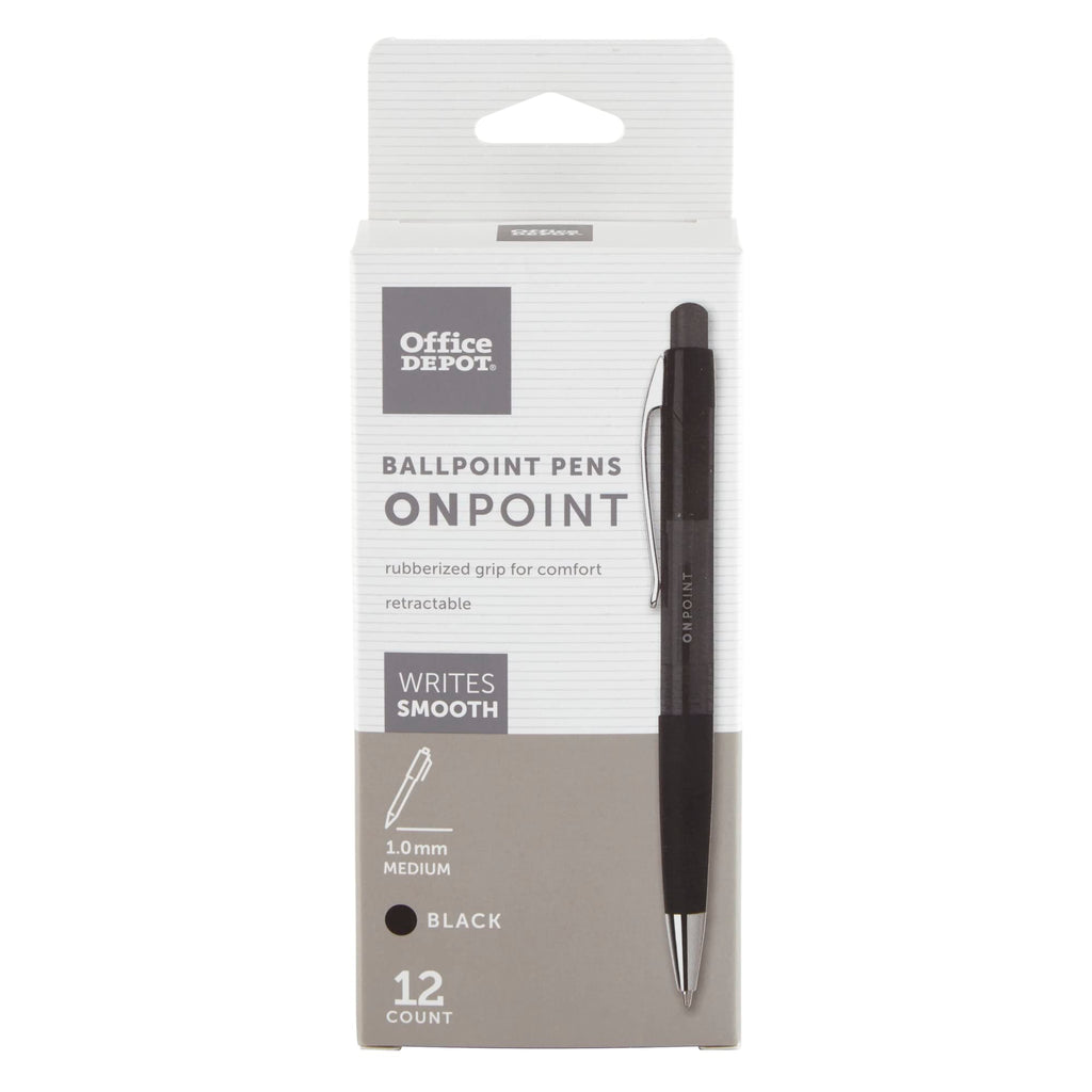 FORAY Office Depot Soft-Grip Retractable Ballpoint Pens, Medium Point, 1.0mm, Pack of 12, Black Barrel, Black Ink