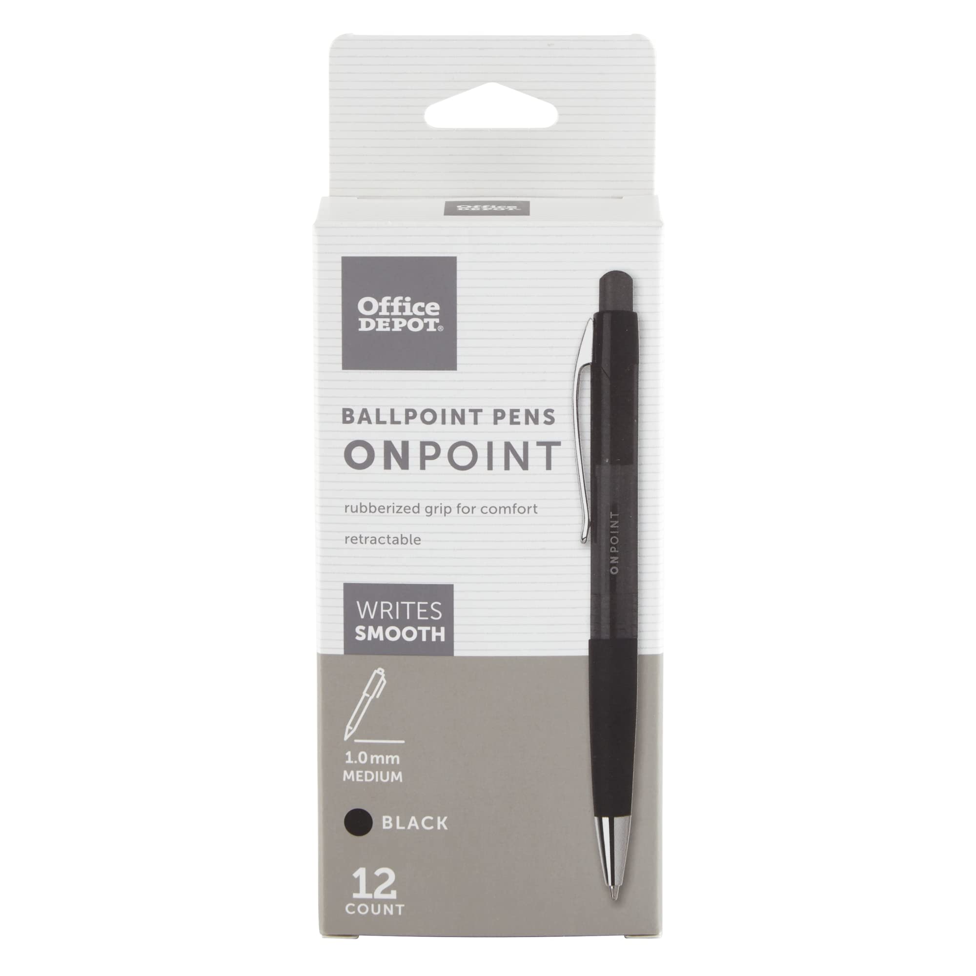 FORAY Office Depot Soft-Grip Retractable Ballpoint Pens, Medium Point, 1.0mm, Pack of 12, Black Barrel, Black Ink