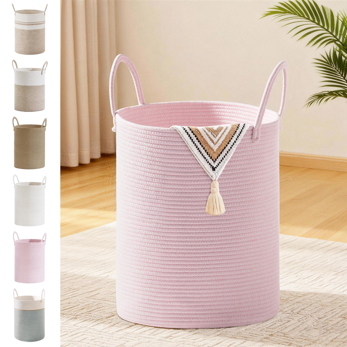 SunNewt 53L Tall Cotton Rope Laundry Basket with Handles, Pink
