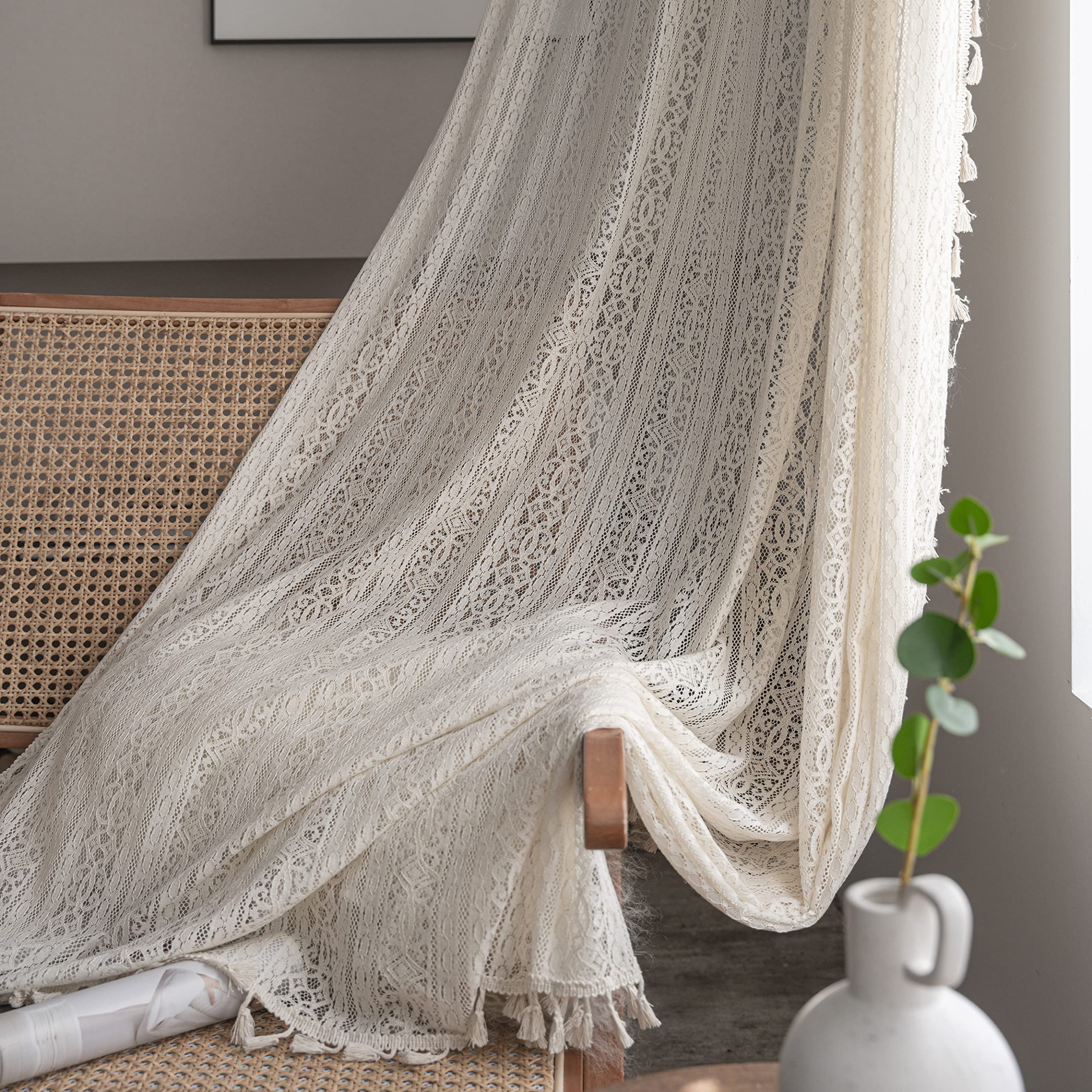 Boho Lace Curtains With Tassel 84 Inch Curtains 2 Panel,Rod Pocket Vintage Bohemian Crochet Curtains Geometry Privacy Cream Shee