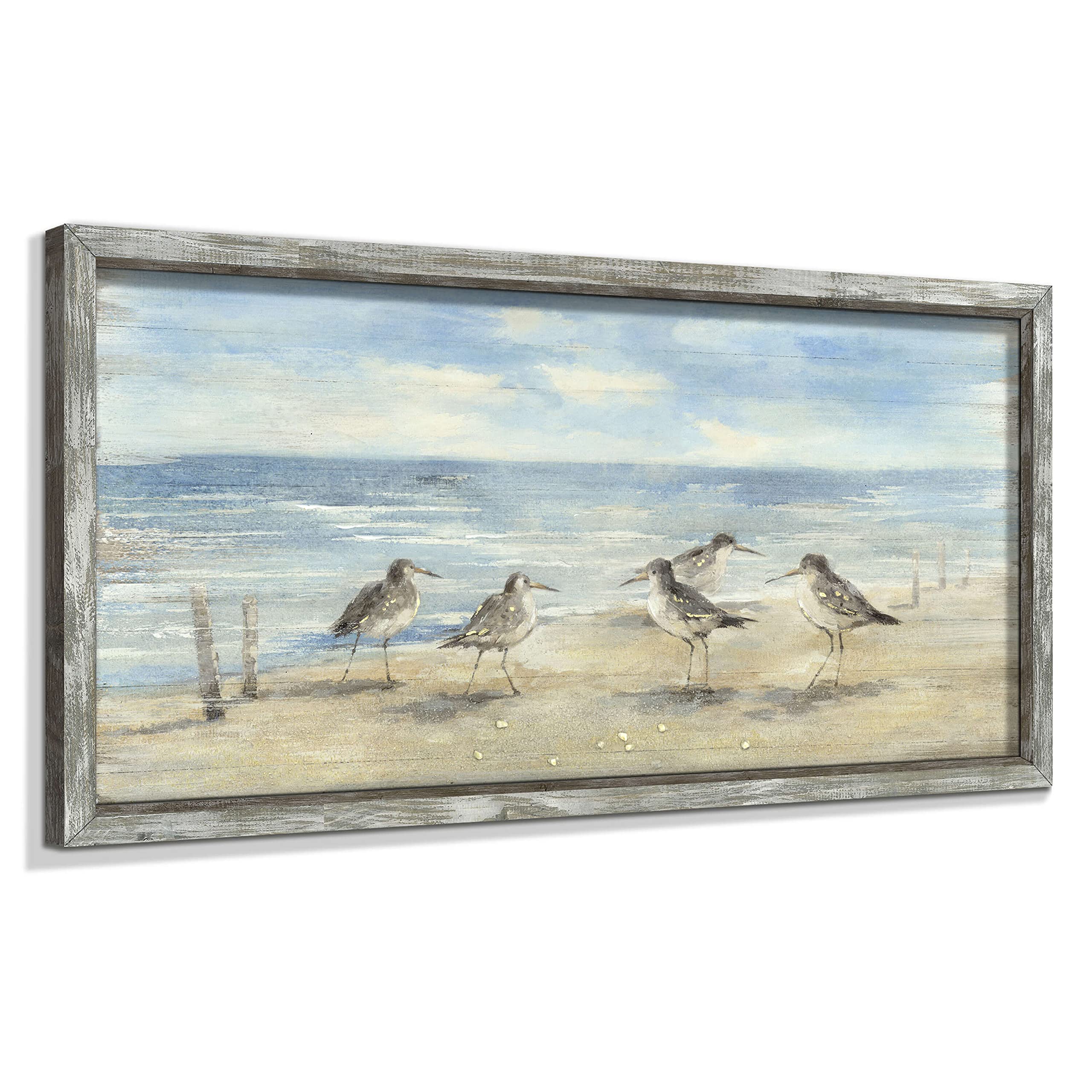 Beach Framed Painting Wall Decor: Abstract Ocean Wall Art Coastal Oil Painting Style Seagulls Picture Printed on Wood Seascape A