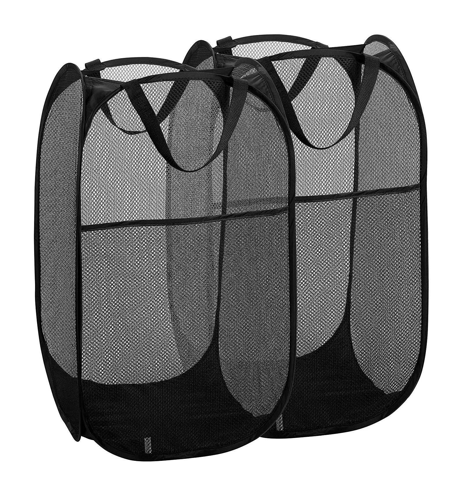 Buenod 2 Packs Mesh Pop up Laundry Hamper (Black) with Portable Handles, Collapsible for Storage, Foldable Pop-Up Laundry Bags f