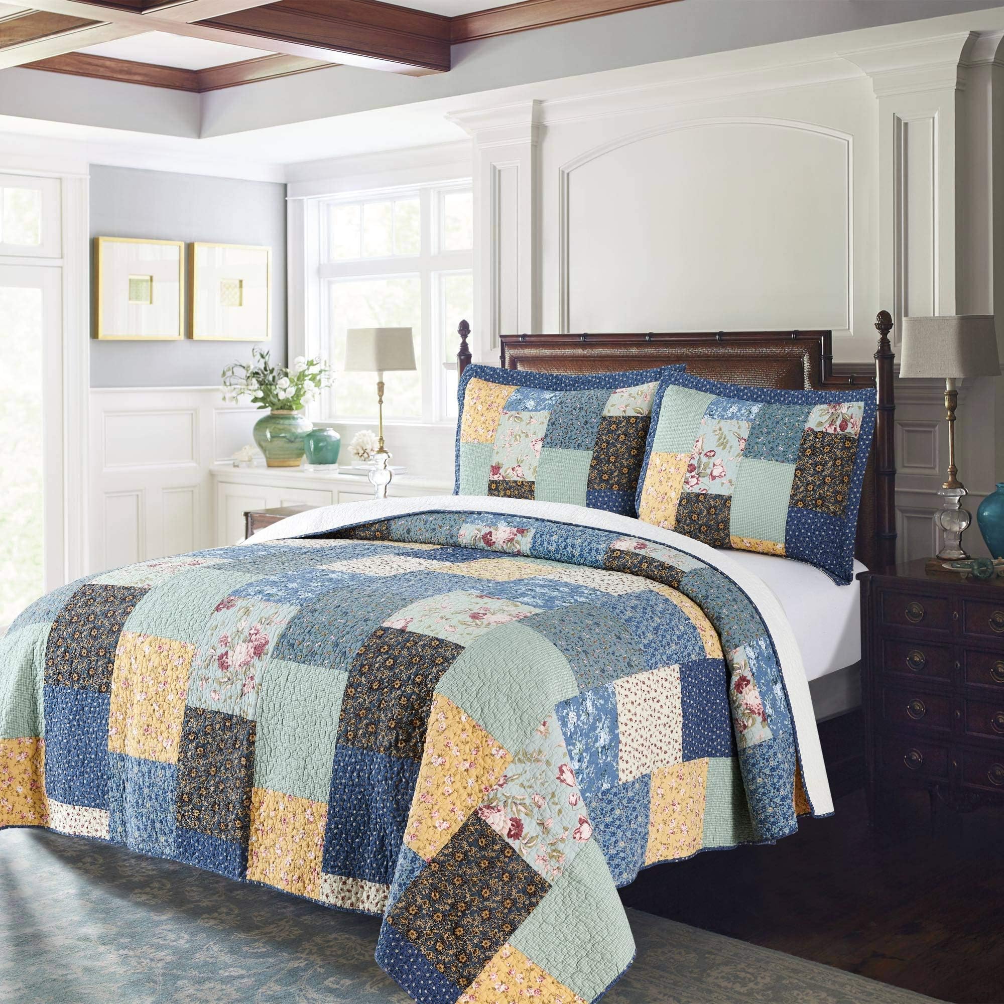 Kasentex Authentic 100% Cotton Quilt Easy-Clean Contemporary Multi-Print, Embroidery Square Patch Design, Twin/Twin Xl 68X90   ,