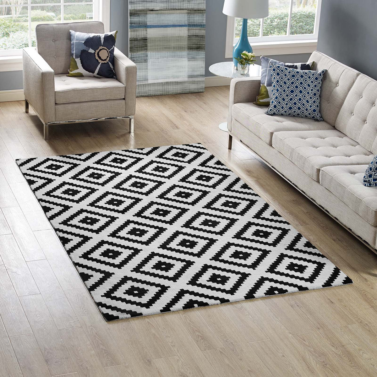 Modway Alika Abstract Diamond Trellis Area Rug, 5X8, Black And White