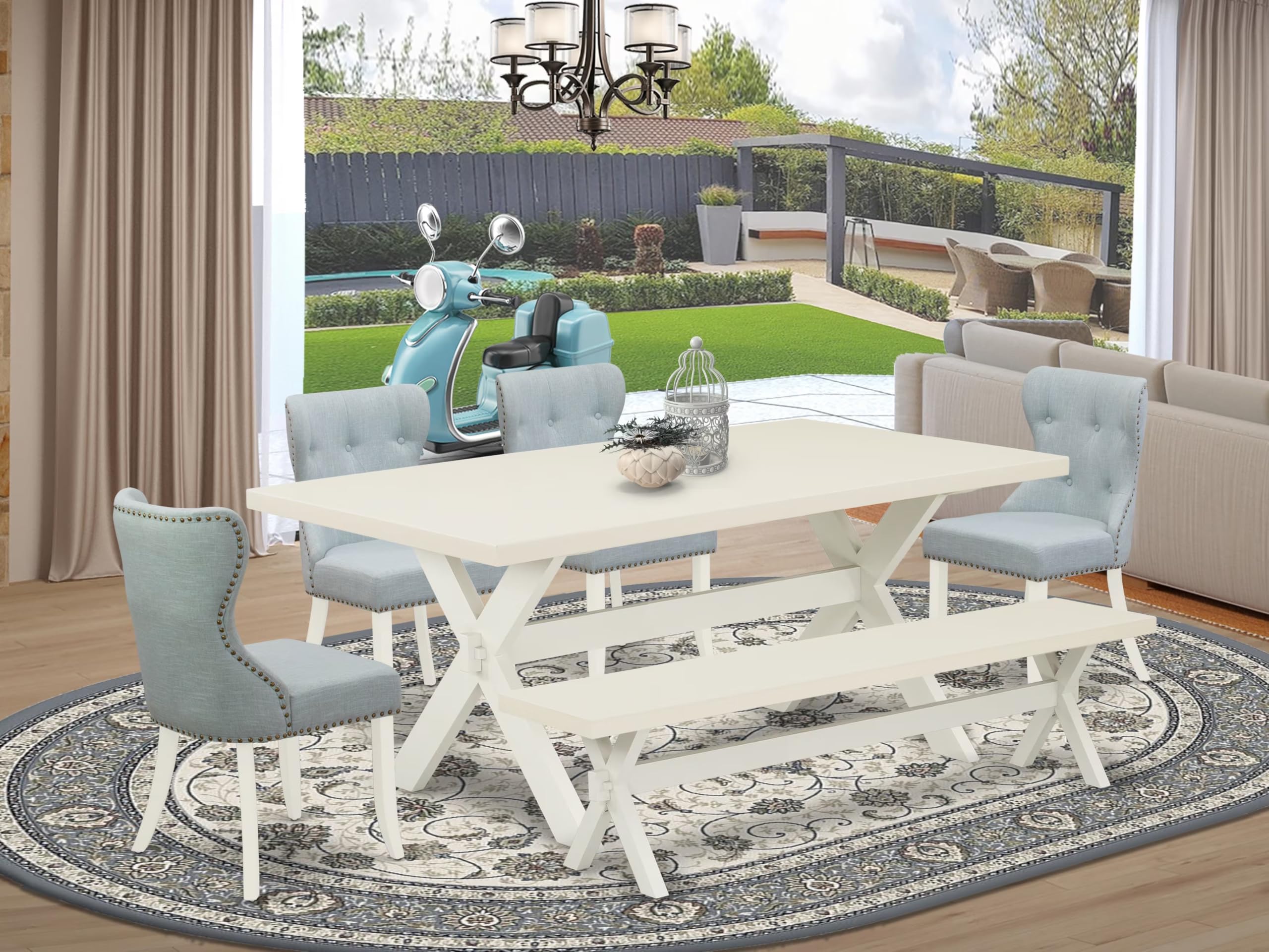 East West Furniture X027Si215-6 6 Piece Kitchen Table Set Contains A Rectangle Dining Table With X-Legs And 4 Baby Blue Linen Fabric Upholstered Chairs With A Bench, 40X72 Inch, Multi-Color