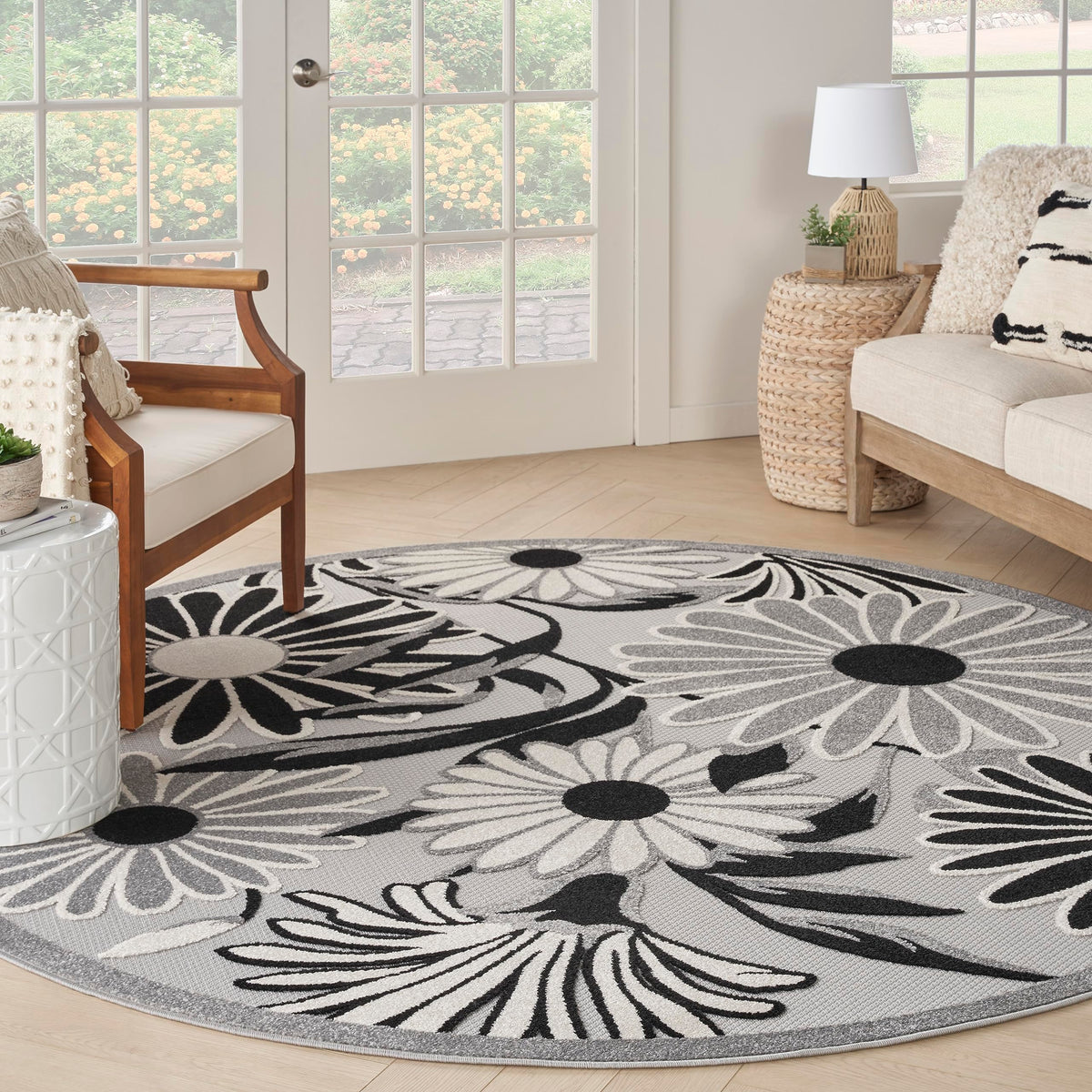 Nourison Aloha Outdoor Black White 5'3' X Round Area Rug, Easy Cleaning, Non Shedding, Bed Room, Living Room, Dining Room, Deck, Backyard, Patio (5 Round)