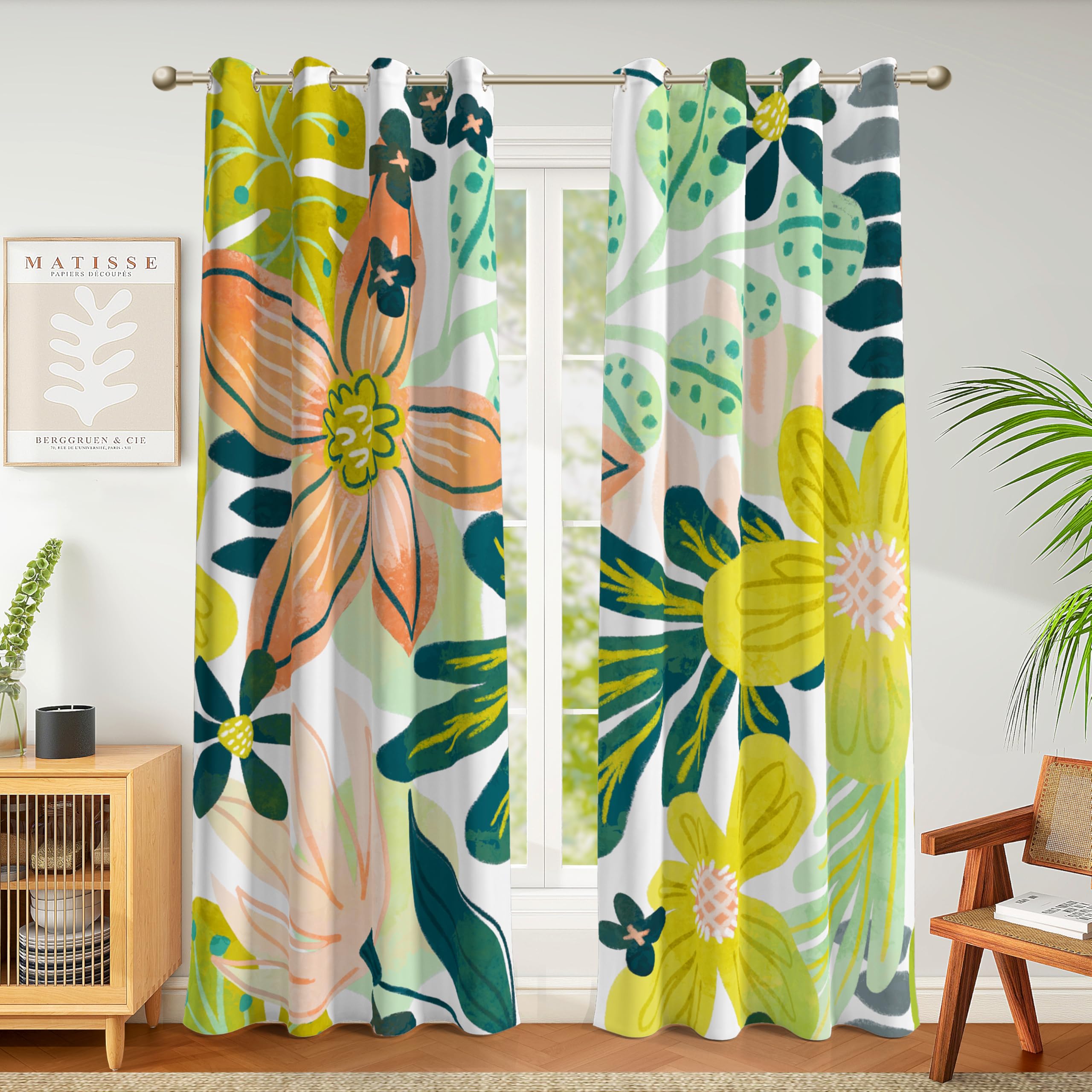 Tyrot Boho Floral 100% Blackout Curtains Fo Bedroom 63 Inch Long 2 Panels Mid Century Botanical Black Out Curtains For Living Ro