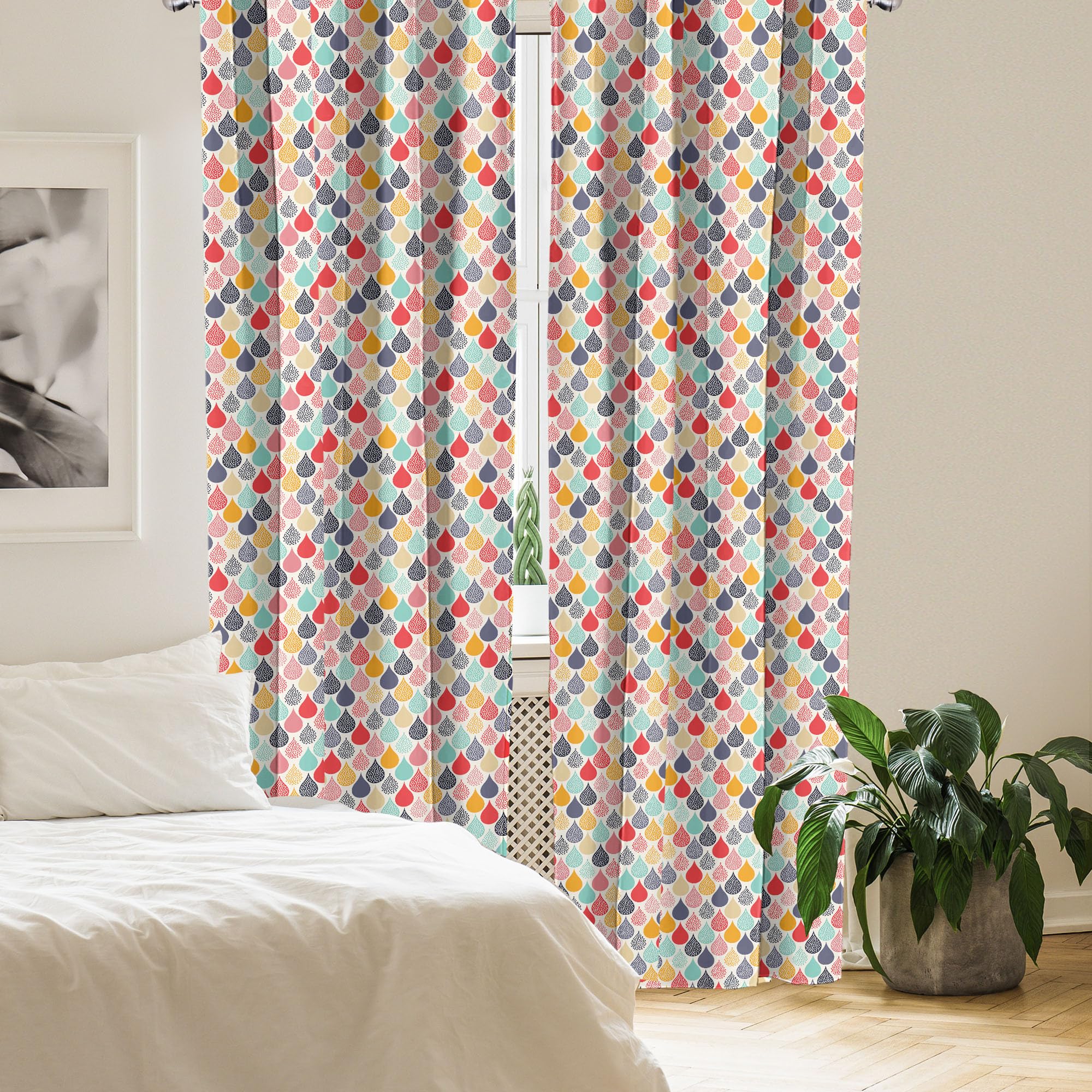 Ambesonne Geometric Window Curtains Pack Of 2, Raindrops Doodle Style Creative Leaf Shaped Colorful Girls Theme, Lightweight Set