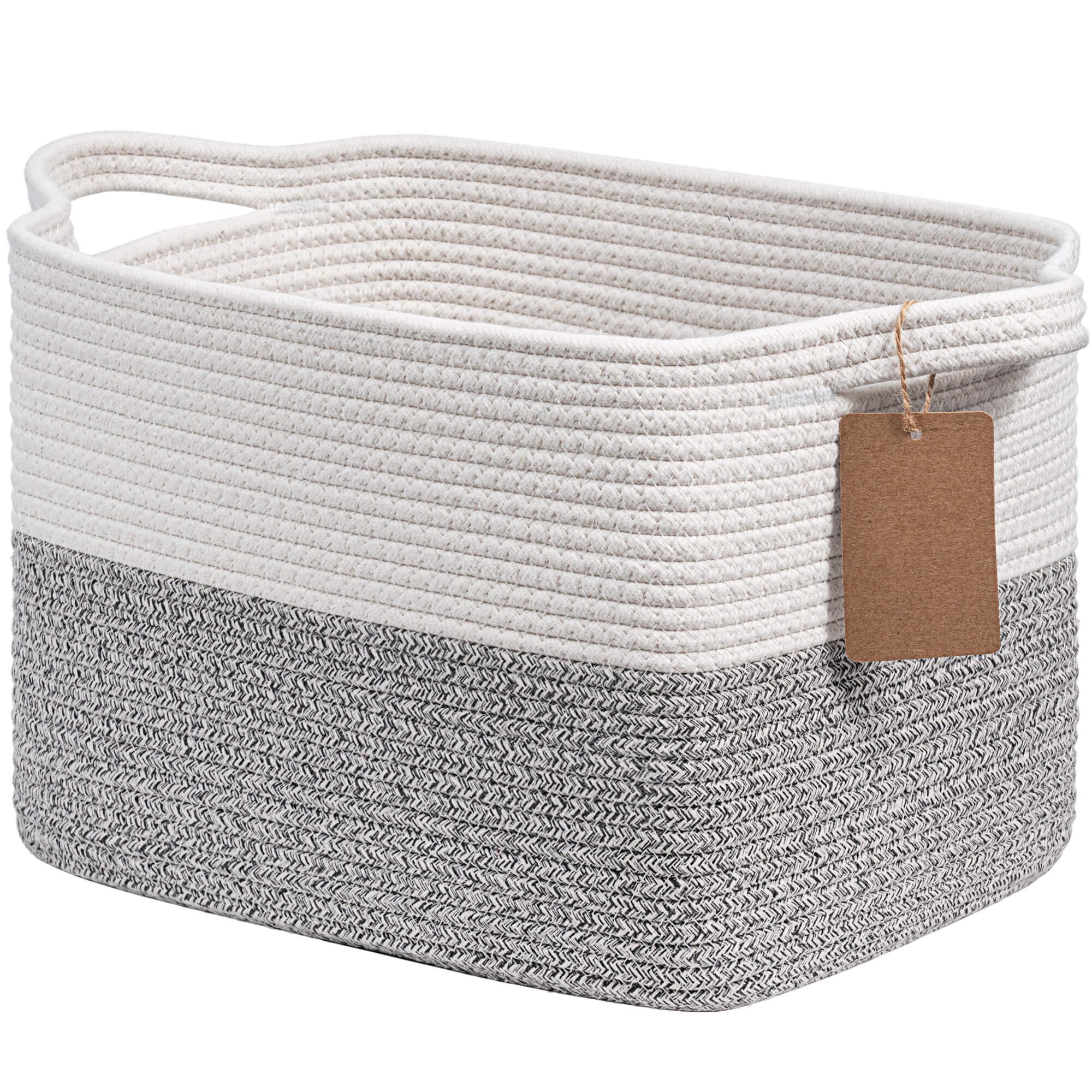 Goodpick Woven Storage Basket for Shelves, Small Laundry Basket for Cloth Towel Shoe, Empty Gift Basket with Handles, Grey and W