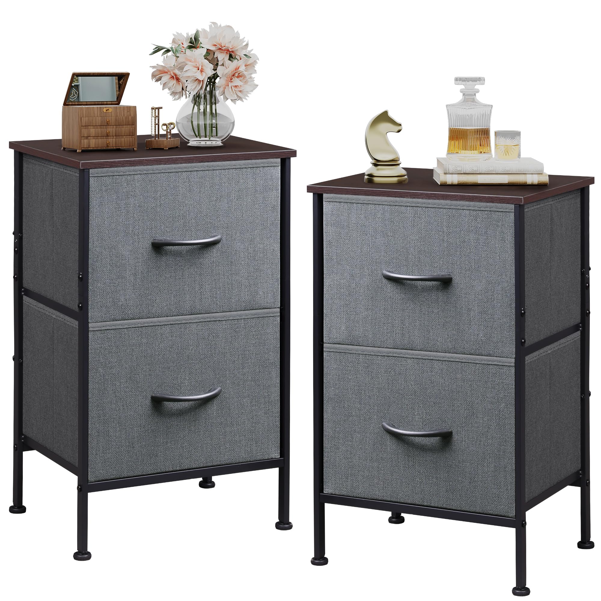 Wlive Night Stand Set 2, Dresser And Nightstand Sets, Nightstands For Bedroom With 2 Fabric Drawer, End Tables Bedroom Furniture Set, Closet, College Dorm, Dark Grey, Size L
