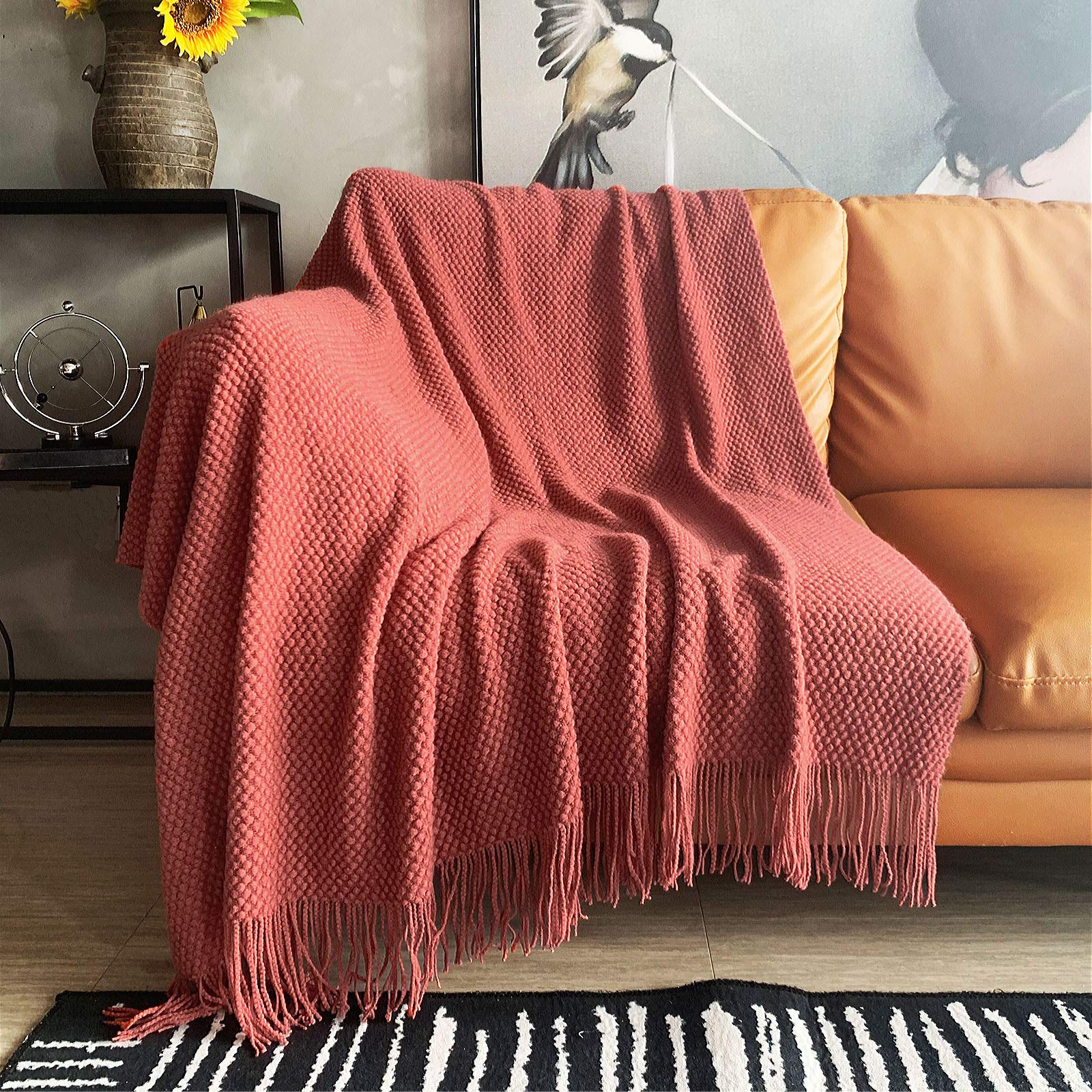 Lomao Knitted Throw Blanket With Tassels Bubble Textured Soft Blanket Lightweight Throws For Couch Cover Home Decor (Red Mud, 50