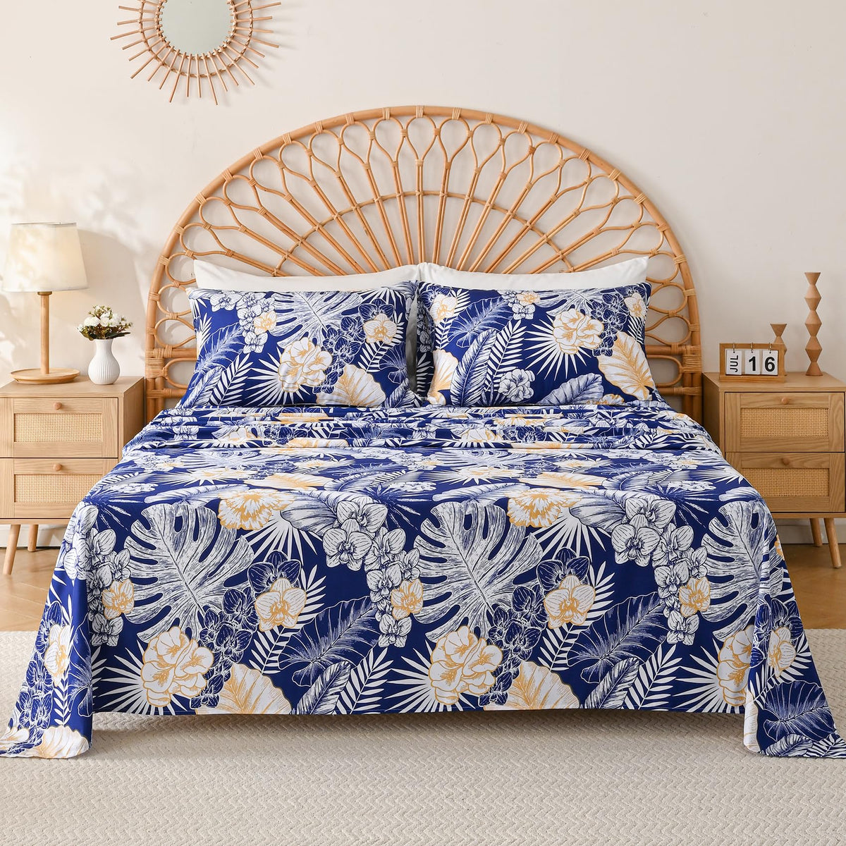 Yibeizi Blue Floral Sheets Queen Cute Daisy Flower Pattern Bed Sheet Set Botanical Bedding Sheets & Pillowcases Soft Microfiber