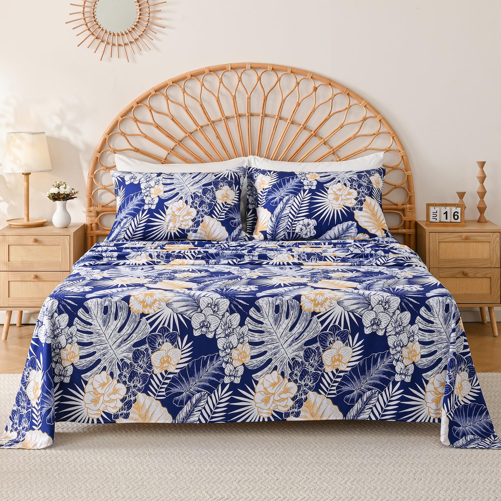Yibeizi Blue Floral Sheets King Cute Daisy Flower Pattern Bed Sheet Set Botanical Bedding Sheets & Pillowcases Soft Microfiber 1