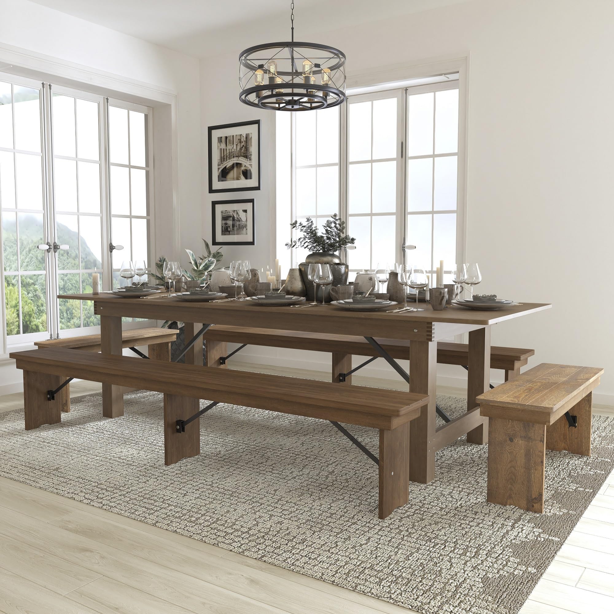 Flash Furniture Hercules Series 9' X 40'' Antique Rustic Folding Farm Table And Four Bench Set