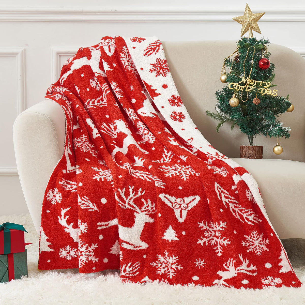 Searoomy Christmas Blanket, Ultra Soft Cozy Fuzzy Warm Reversible Throw Blanket For Couch Microfiber Lightweight Knitted Blanket