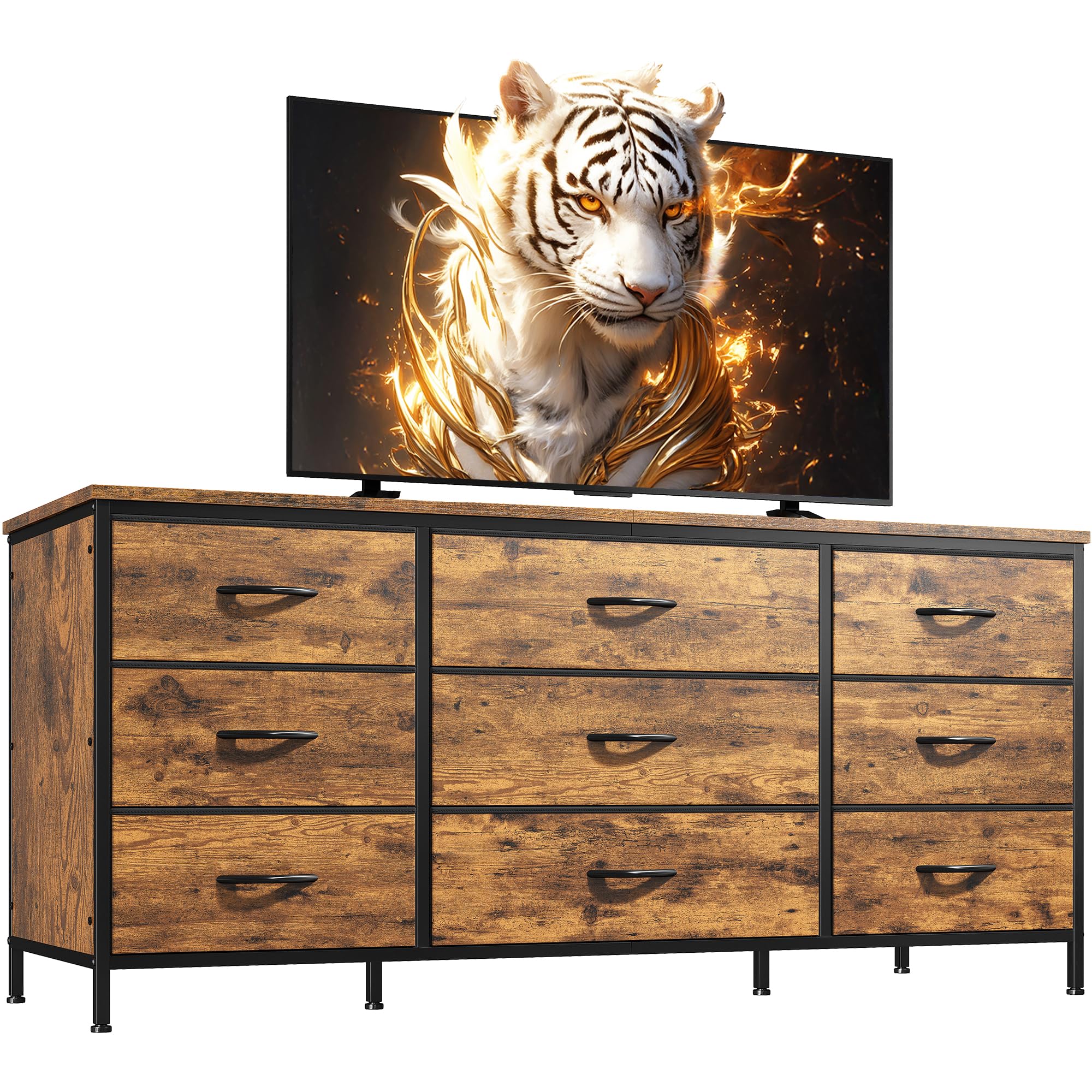 Enhomee Dresser Tv Stand With 9 Drawers For 60'' Tv Stand For Bedroom Long Dresser For Bedroom Wide Dressers & Chests Of Drawers, Sturdy Metal Frame & Wood Top, Living Room, Closet, Rustic Brown