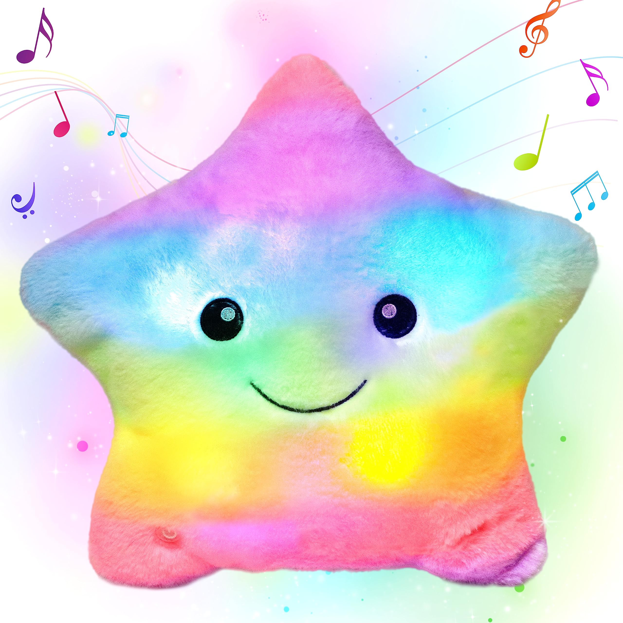 Cuteoy 13' Musical Rainbow Star Plush Pillow Glowing Twinkle Night Light Stuffed Animal Led Toys Adjustable Volume Birthday For
