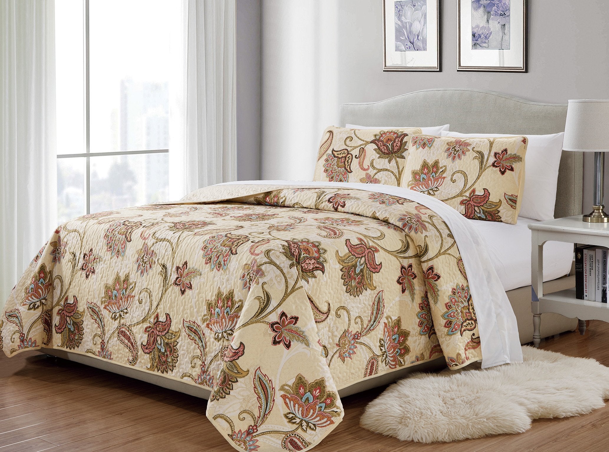 Mk Home 3Pc King/California King Bedspread Quilted Print Floral Beige Red Blue Taupe Over Size New # Jane 64