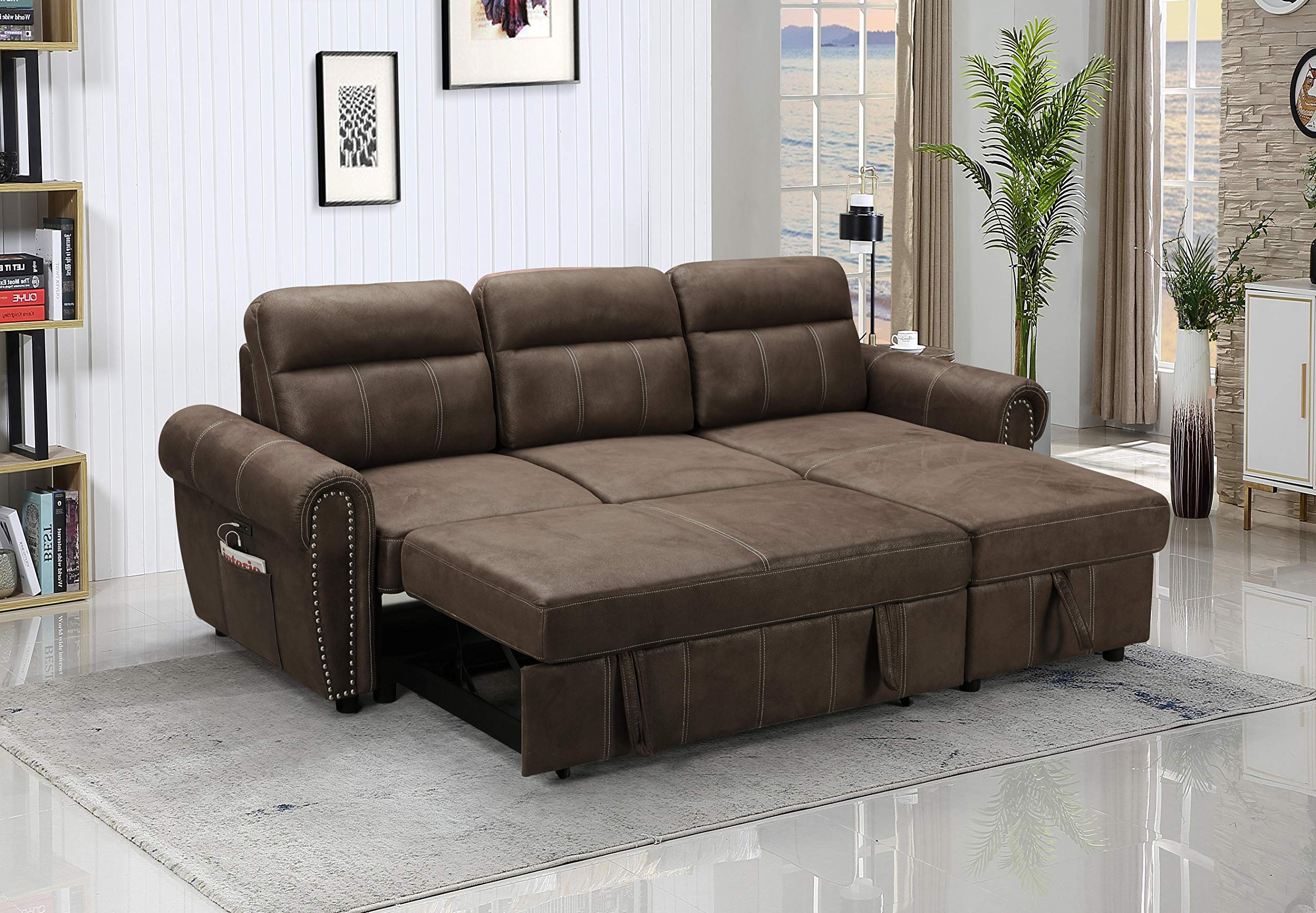 Lilola Home Hugo 96&quot; W Brown Reversible Sleeper Sectional Sofa Chaise with USB Charger