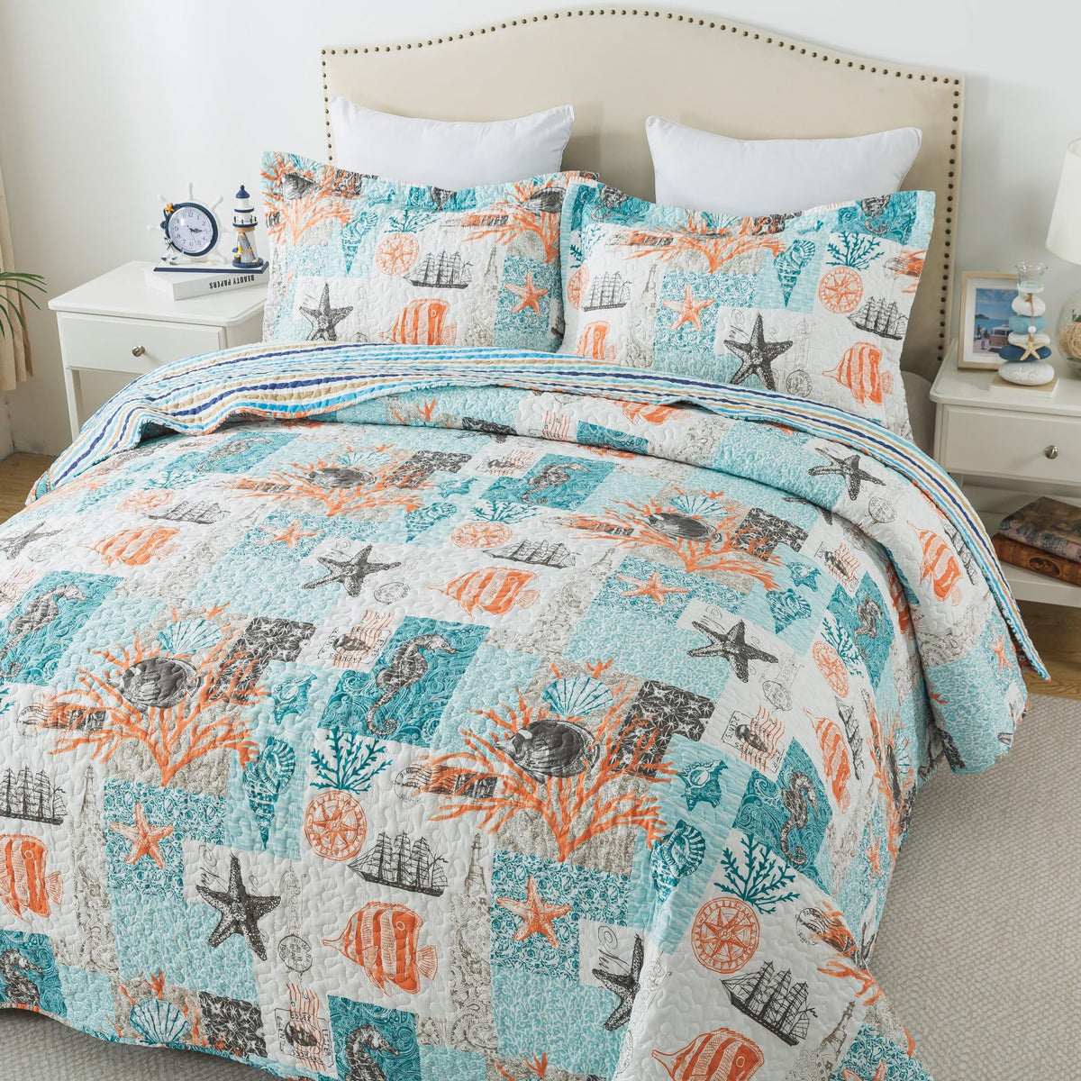 Honeilife Quilt Set Queen Size - 3 Pieces Nautical Bedspreads Coastal Coverlets Ocean Bed Cover Queen Quilt Bedding Set All Seas