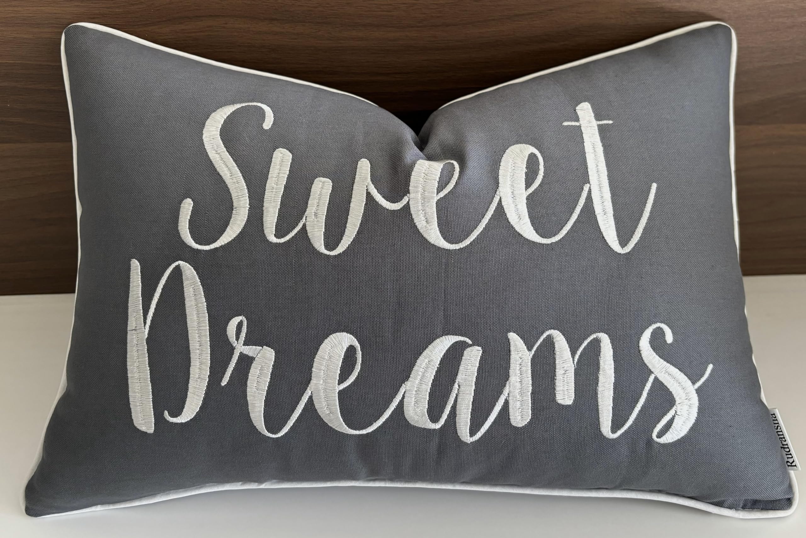 Rudransha Sweet Dreams Embroidered Lumbar Accent Throw Pillow Cover - Bedroom Decor - 12X18, Dark Grey